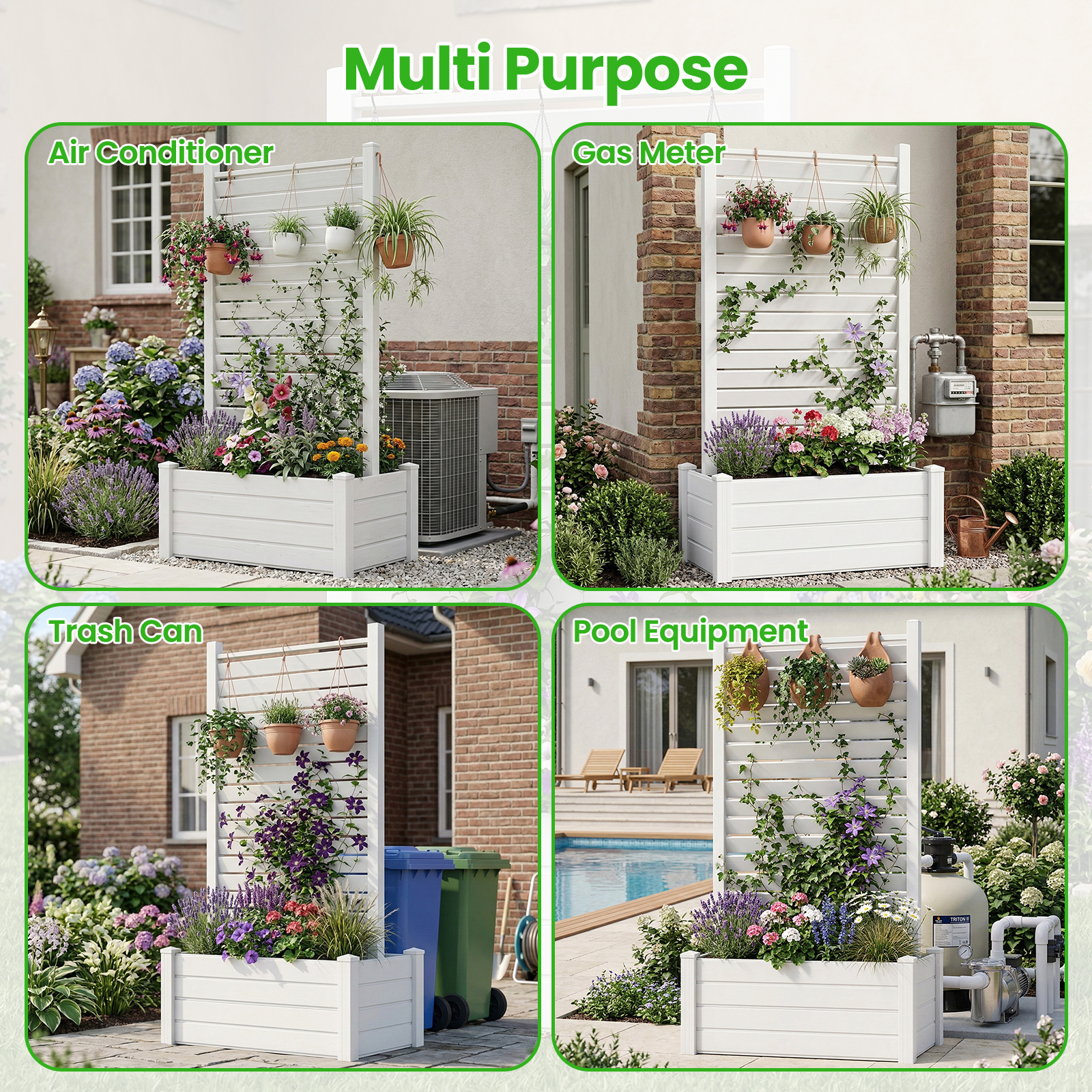 Air Conditioner Fence, White Vinyl Pool Equipment Enclosure Panel with Metal Stakes, Outdoor Trash Can Screen Privacy Fence Panels for Outside