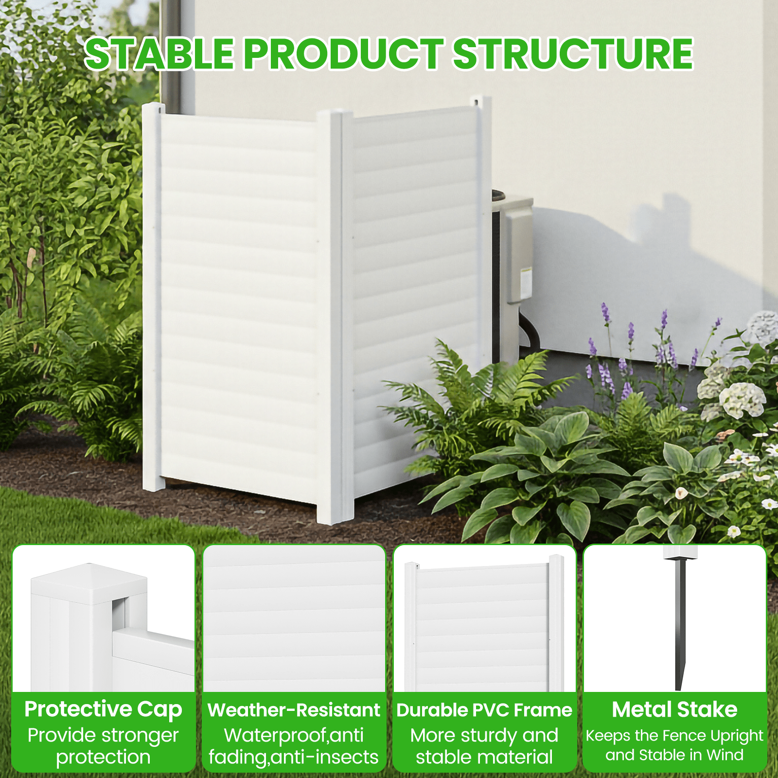 Air Conditioner Fence, White Vinyl Pool Equipment Enclosure Panel with Metal Stakes, Outdoor Trash Can Screen Privacy Fence Panels for Outside