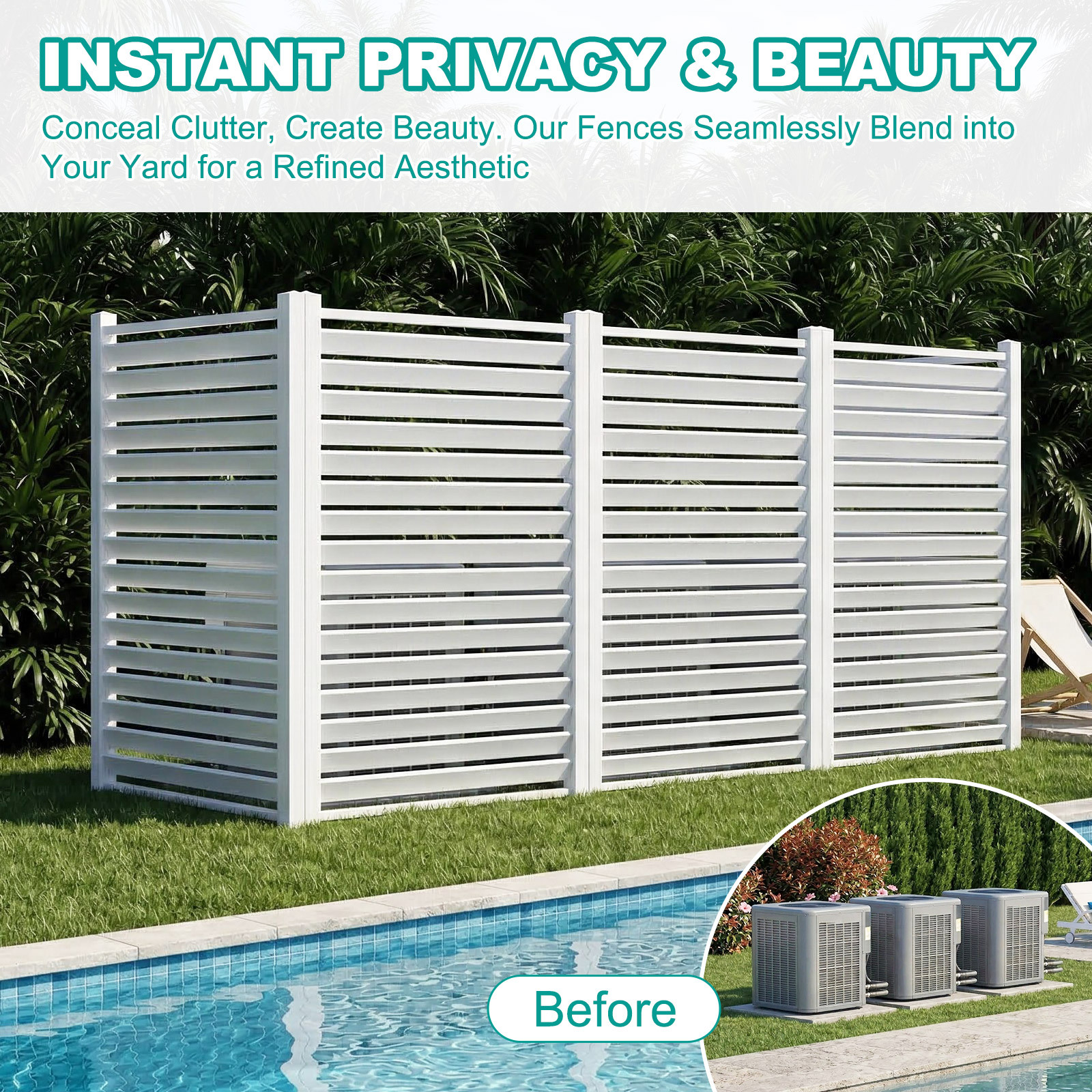 Air Conditioner Fence, White Vinyl Pool Equipment Enclosure Panel with Metal Stakes, Outdoor Trash Can Screen Privacy Fence Panels for Outside