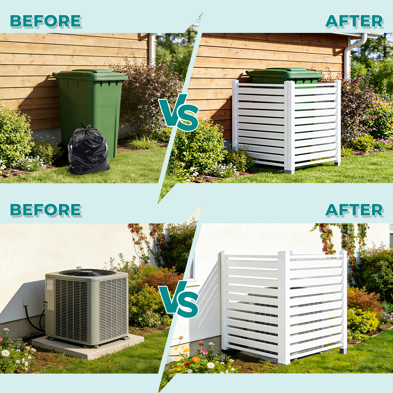 Air Conditioner Fence, White Vinyl Pool Equipment Enclosure Panel with Metal Stakes, Outdoor Trash Can Screen Privacy Fence Panels for Outside