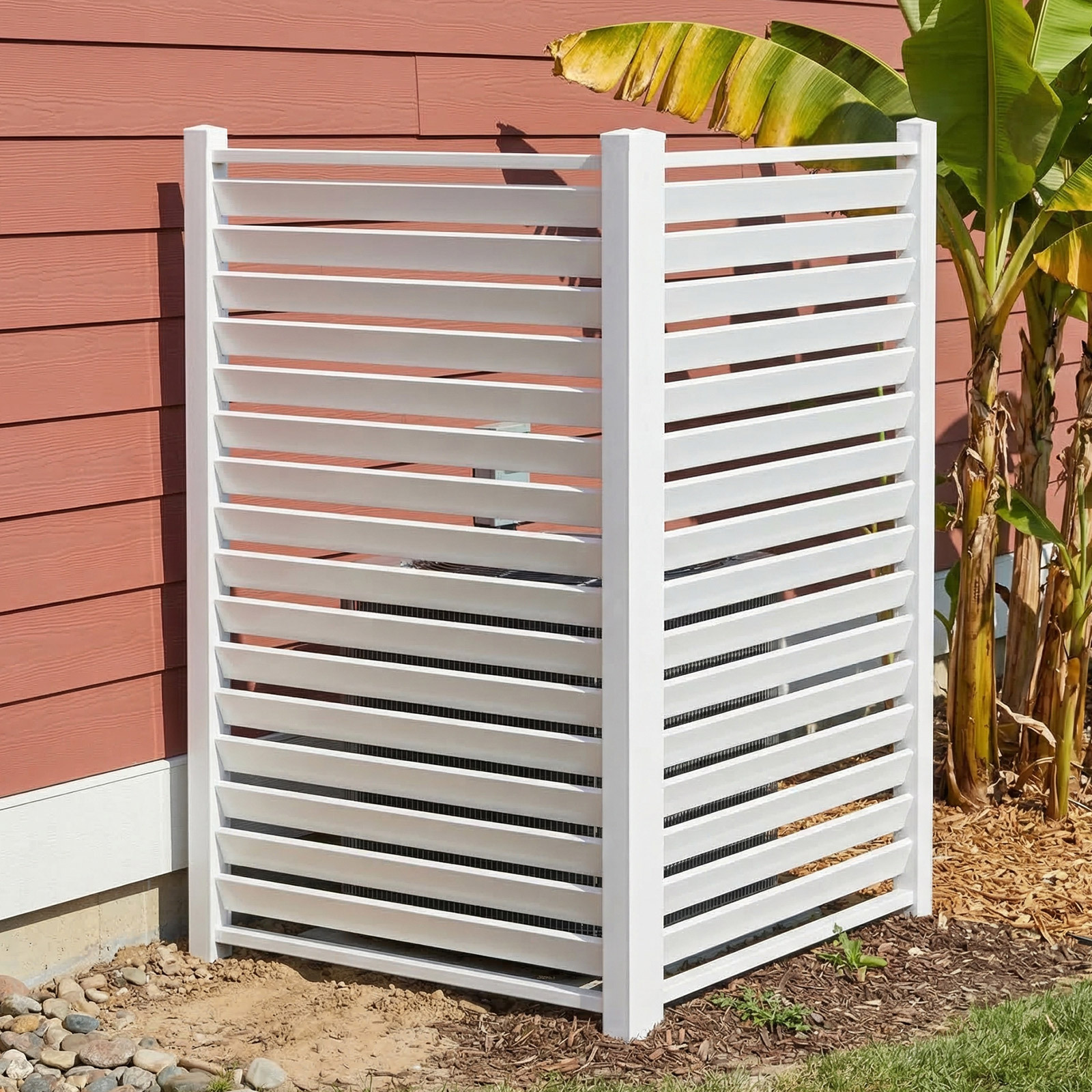 Air Conditioner Fence, White Vinyl Pool Equipment Enclosure Panel with Metal Stakes, Outdoor Trash Can Screen Privacy Fence Panels for Outside