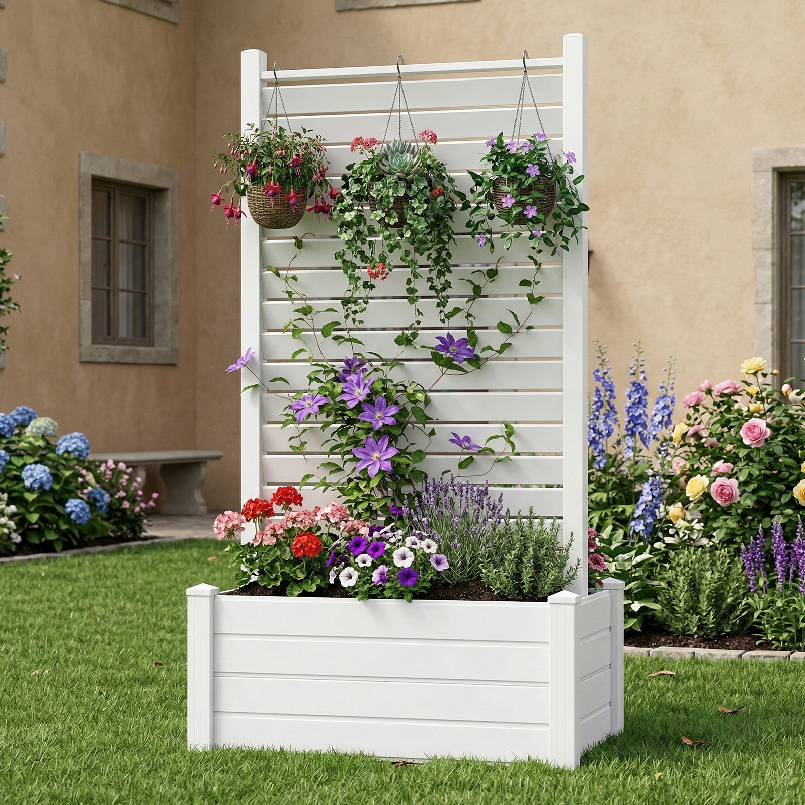 Air Conditioner Fence, White Vinyl Pool Equipment Enclosure Panel with Metal Stakes, Outdoor Trash Can Screen Privacy Fence Panels for Outside