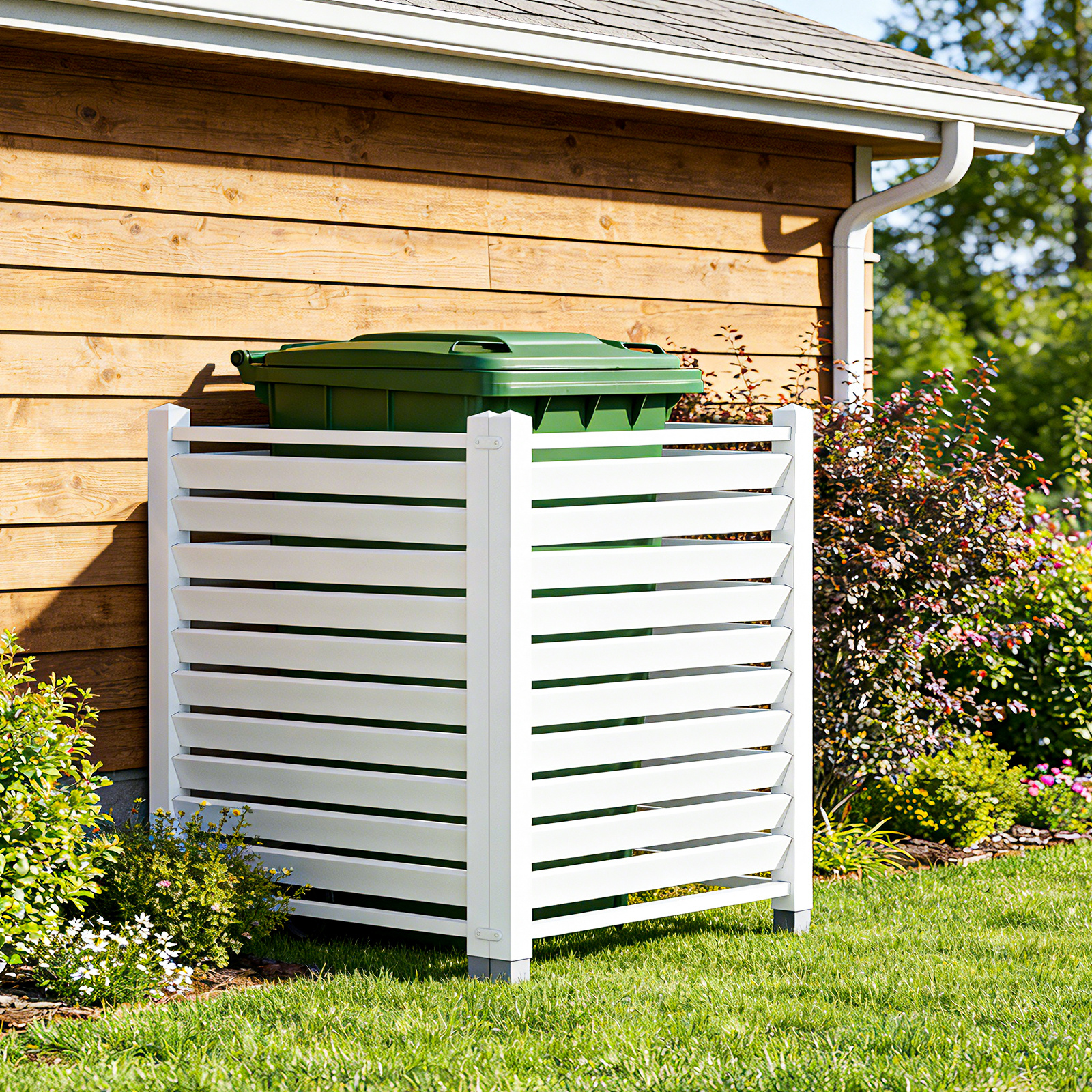 Air Conditioner Fence, White Vinyl Pool Equipment Enclosure Panel with Metal Stakes, Outdoor Trash Can Screen Privacy Fence Panels for Outside