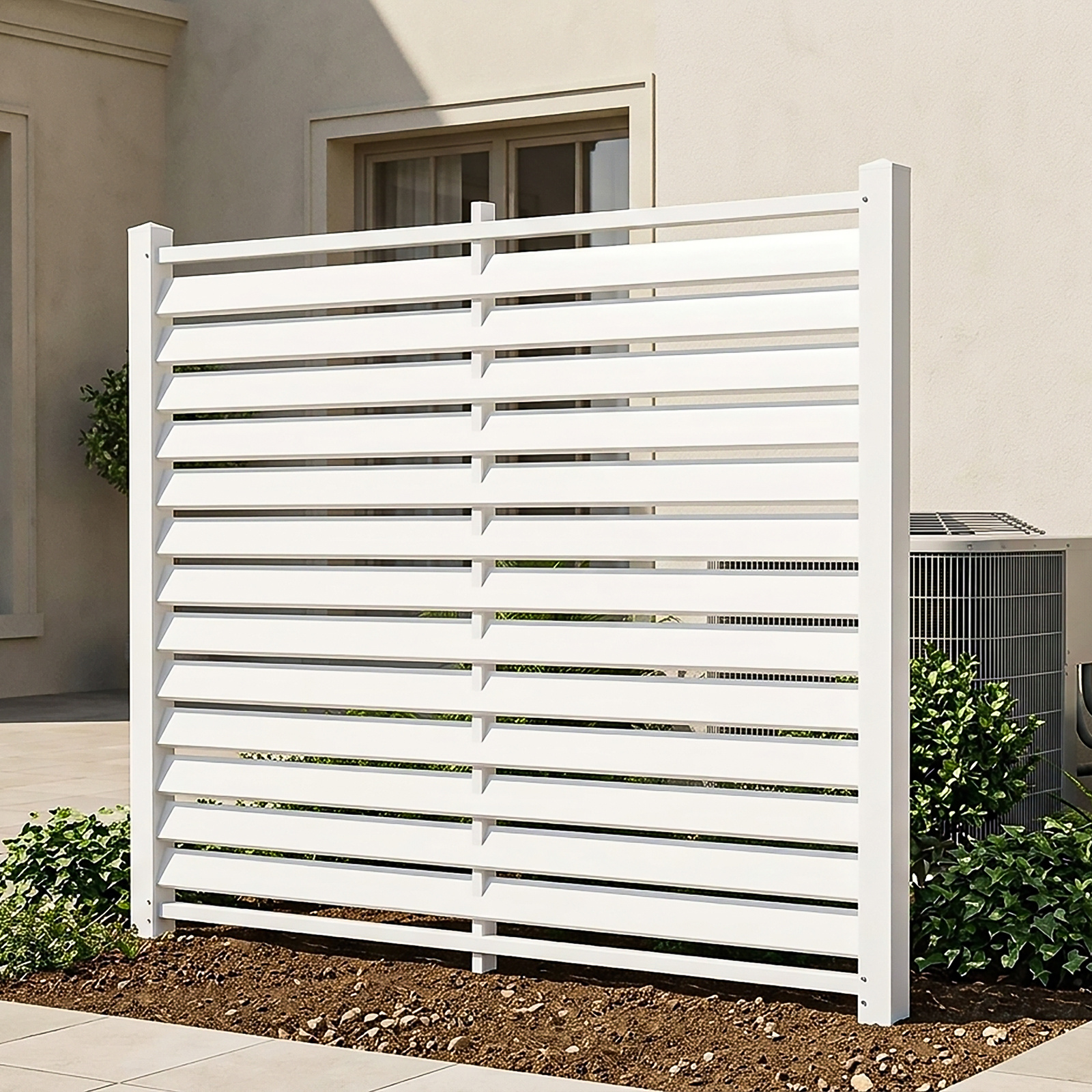 Air Conditioner Fence, White Vinyl Pool Equipment Enclosure Panel with Metal Stakes, Outdoor Trash Can Screen Privacy Fence Panels for Outside