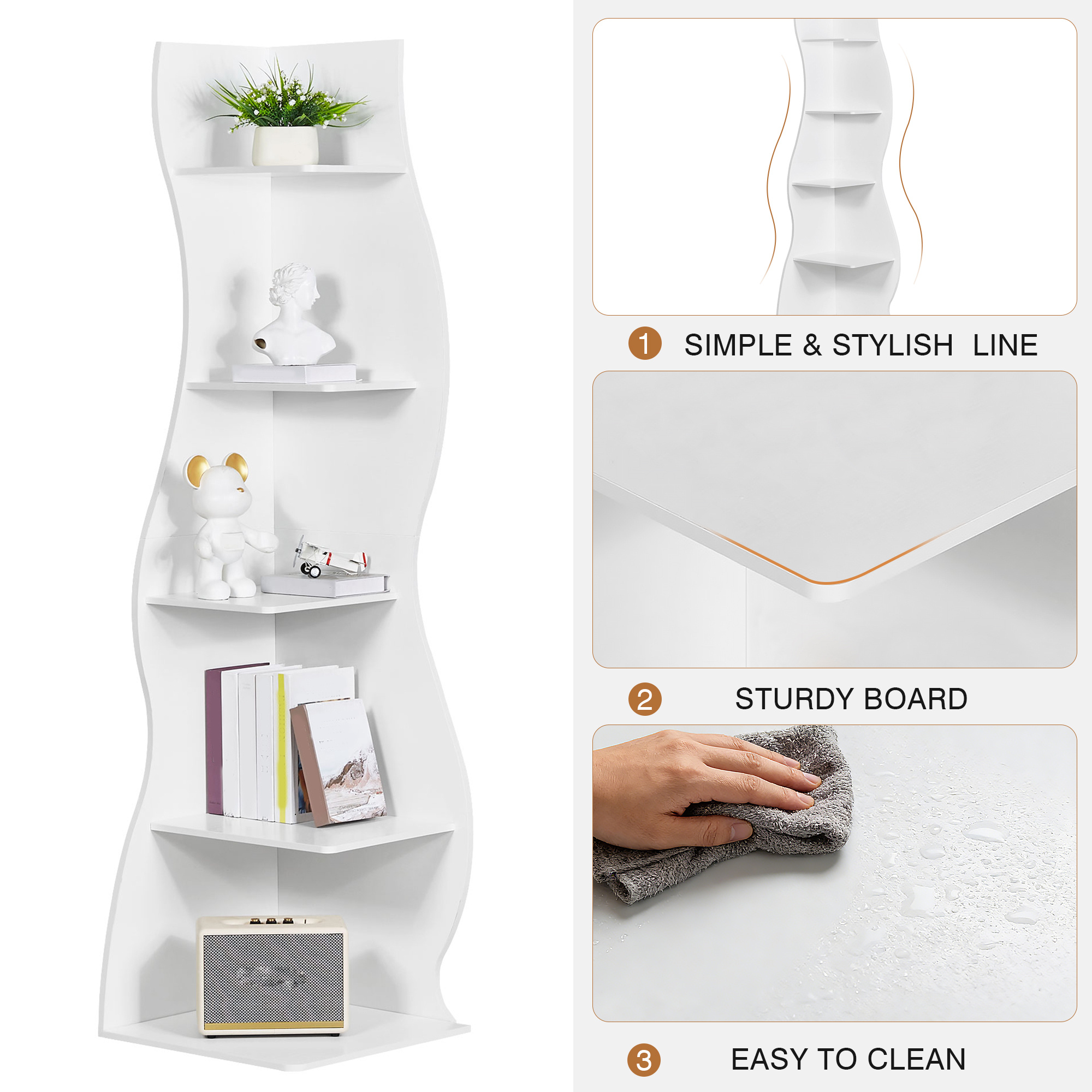 5-Tier Corner Shelf, Modern Wall Corner Bookshelf, Stylish Bookcase Storage Rack for Small Space, Living Room, Bedroom, Home Office