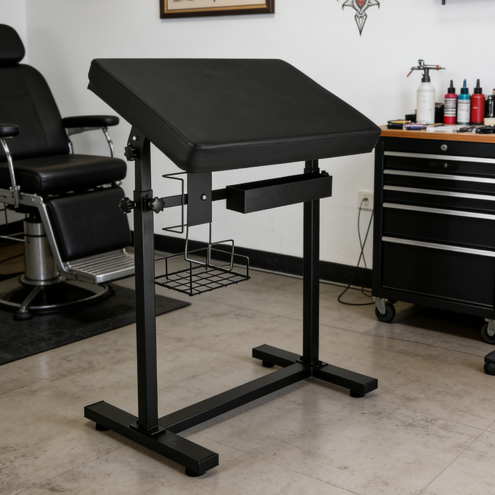 Tattoo Hand Support Stand, With Pu Leather Soft Sponge Tattoo Handrest, Super Large-sized Tattoo Handrest With Shelf And Storage Compartment, Adjustable Height And Angle, Stable And Reliable, Black