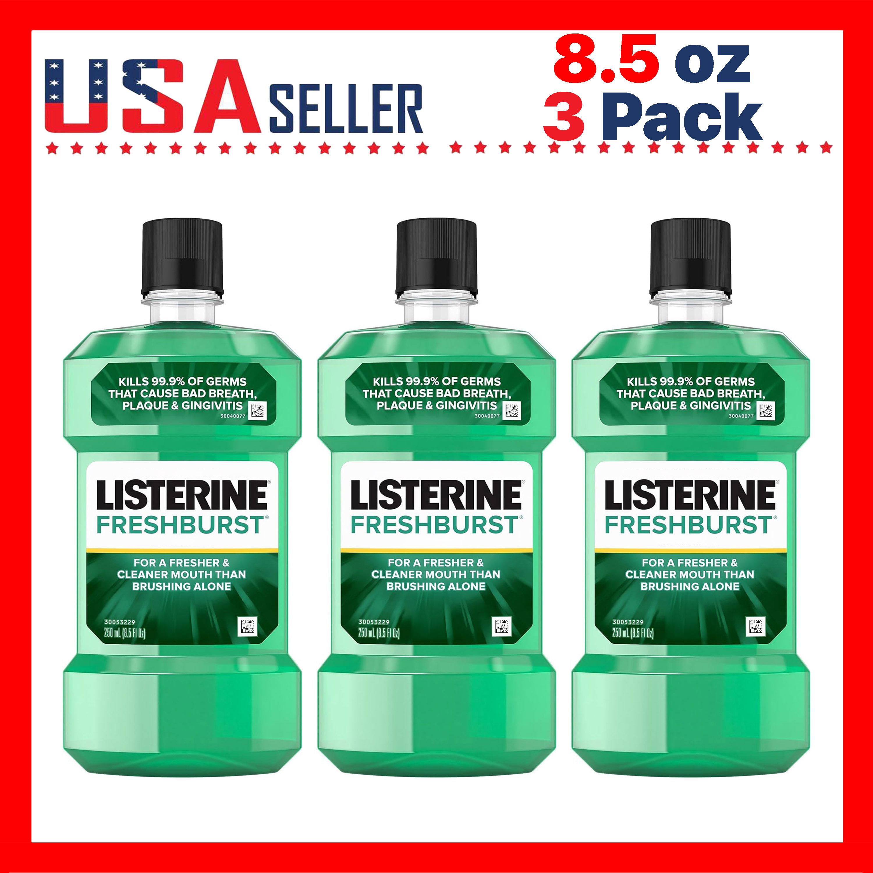 Listerine Fresh Burst Mouthwash 8.5 Fl Oz 3-Pack, Fresh Mint Oral Rinse for Breath Freshness and Plaque Control