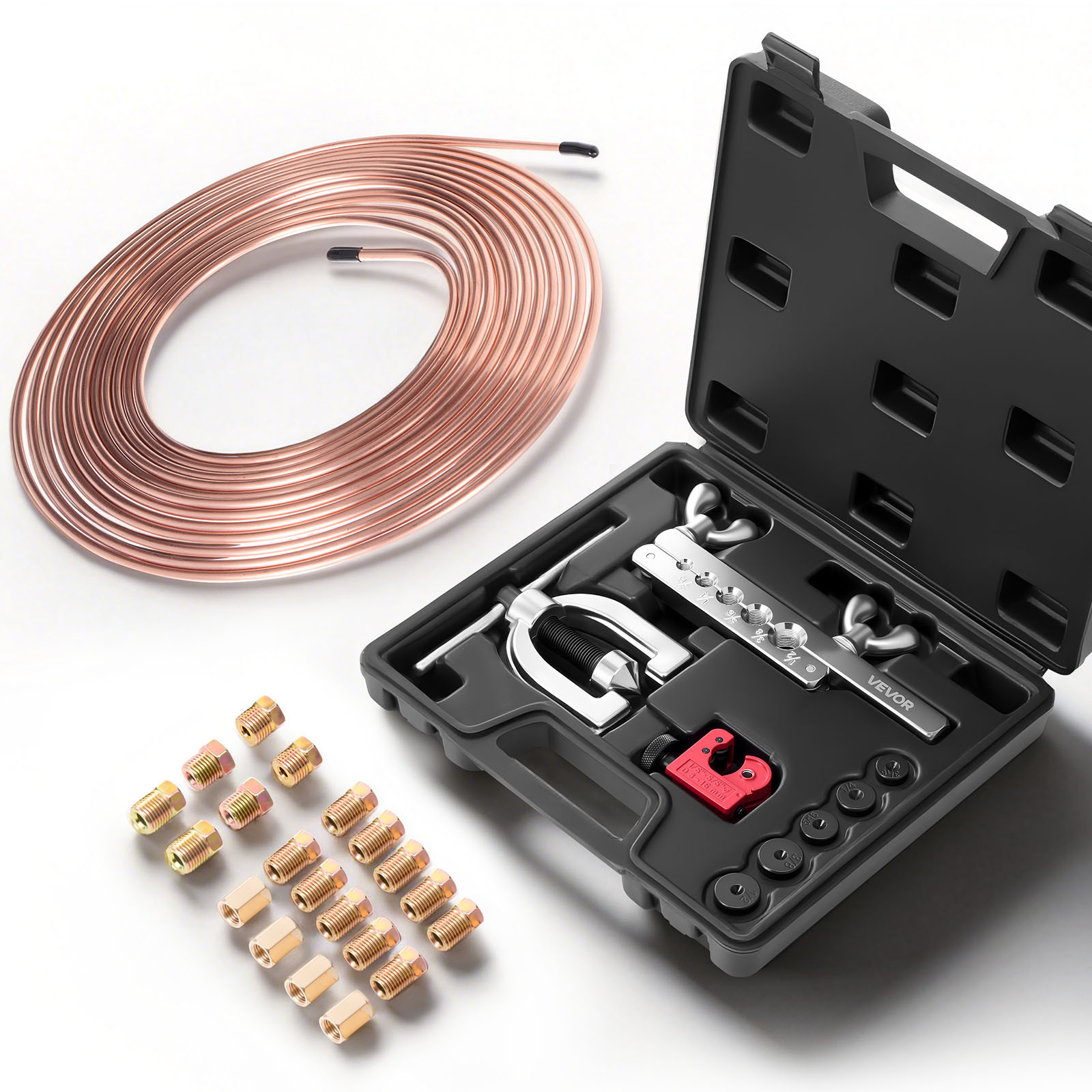 TEMU Vevor 3/16" Brake Line Repair Kit, 45° Double & Single Brake Line Tool Kit, 25ft Copper Coated Brake Line (with 16 Fittings & 4 ) - Tube Cutter,