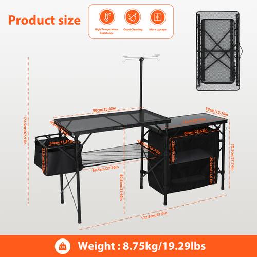 camping kitchen table portable folding camp with light poles storage organizer side bag side hooks outdoor collapsible cooking table for picnic beach rv traveling black