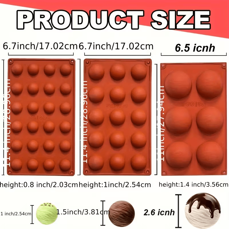 TEMU 3pcs 6/15/24 Cavity Half Sphere Silicone Mold Set, Food Grade Baking Mold For Chocolate, Cake, Ice Cube, Soap, Oven Freezer Safe