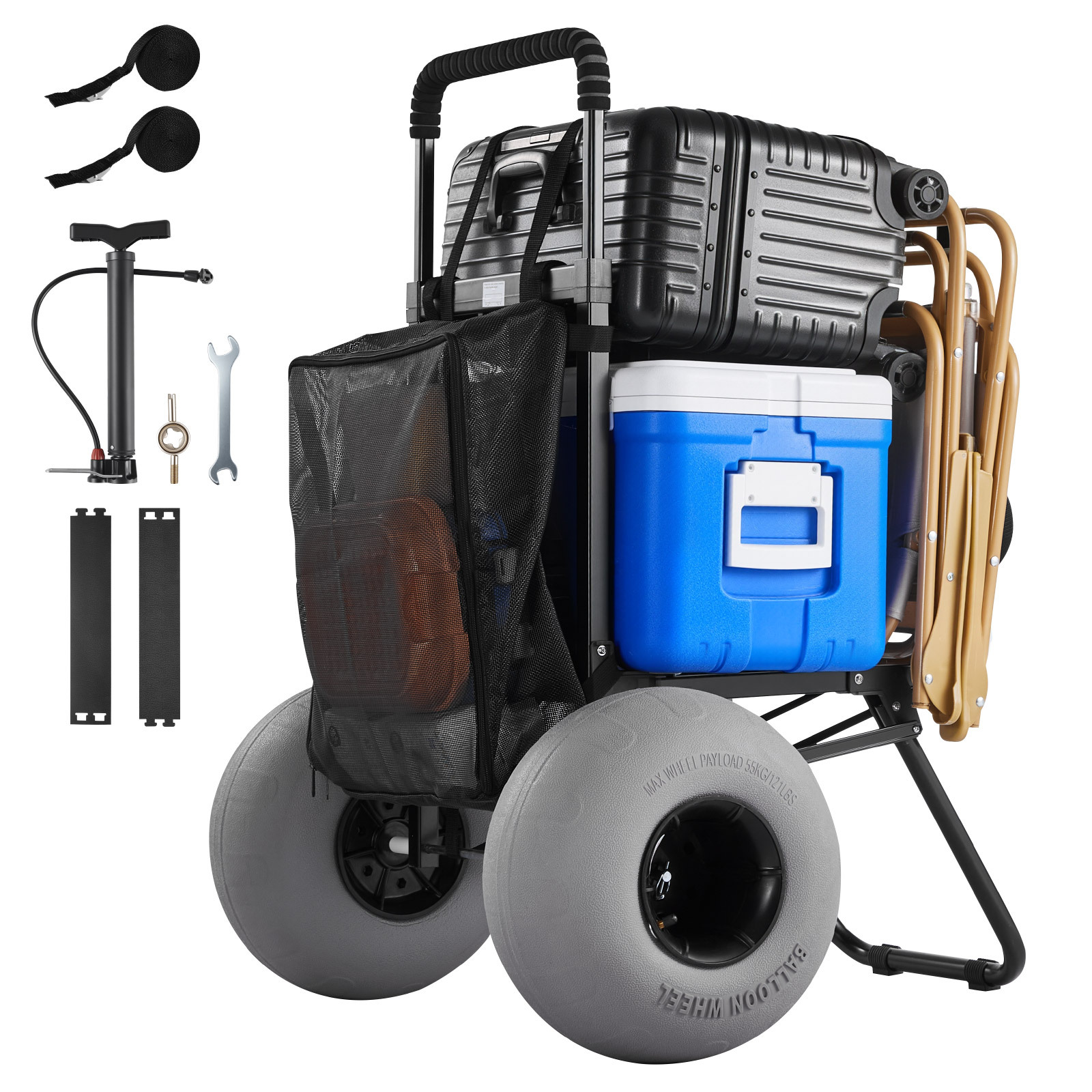 TEMU Vevor Beach Dolly With For Sand, 18" X 15" Cargo Deck, Folding Sand Cart With 12" Balloon Wheels, 165 Lbs Loading Capacity & 34" To 45"