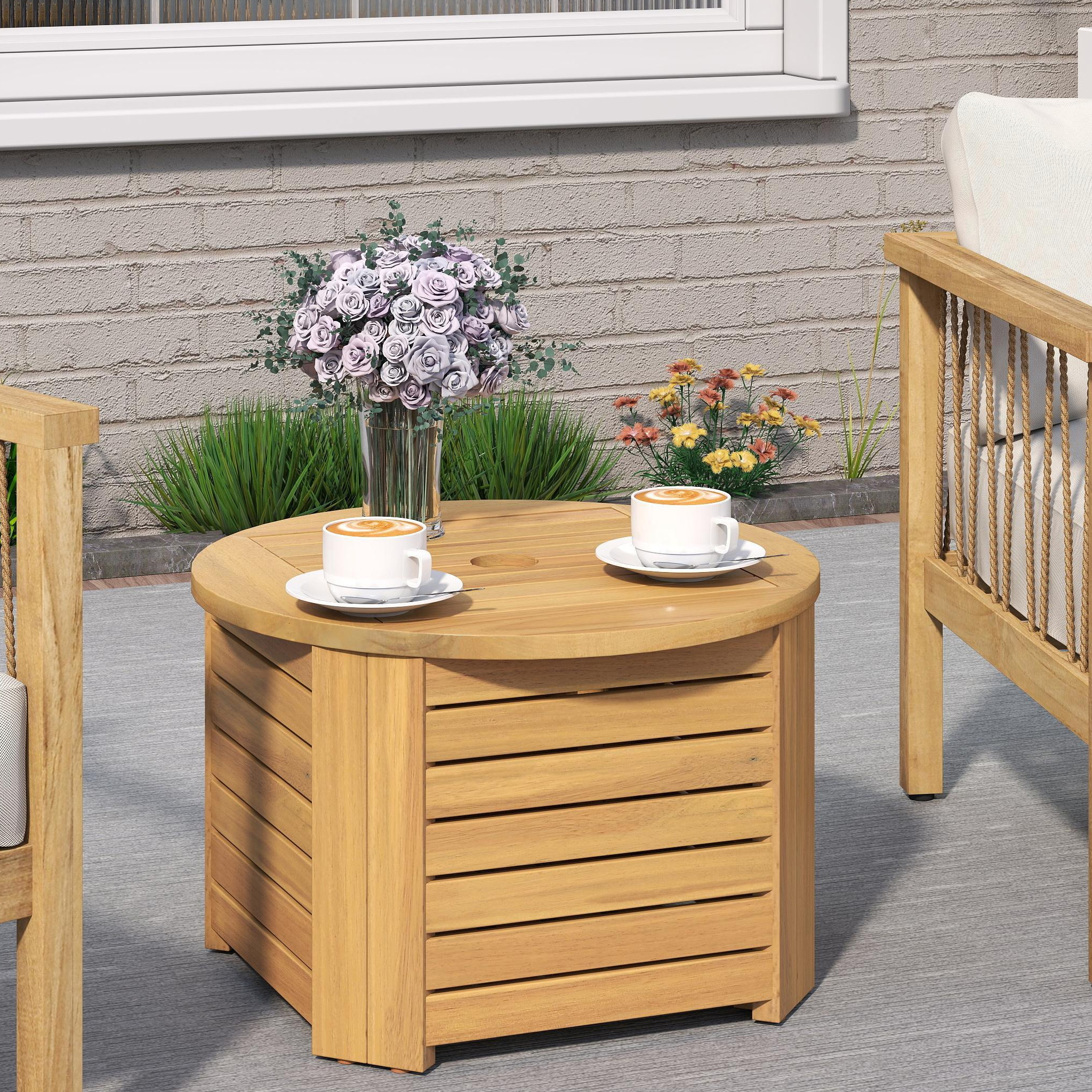 COSTWAY Outdoor Acacia Wood Side Table with Umbrella Hole, Square/Round Slatted Coffee End Table with Storage, Removable Base & Outside Storage Box for Backyard, Balcony, Poolside