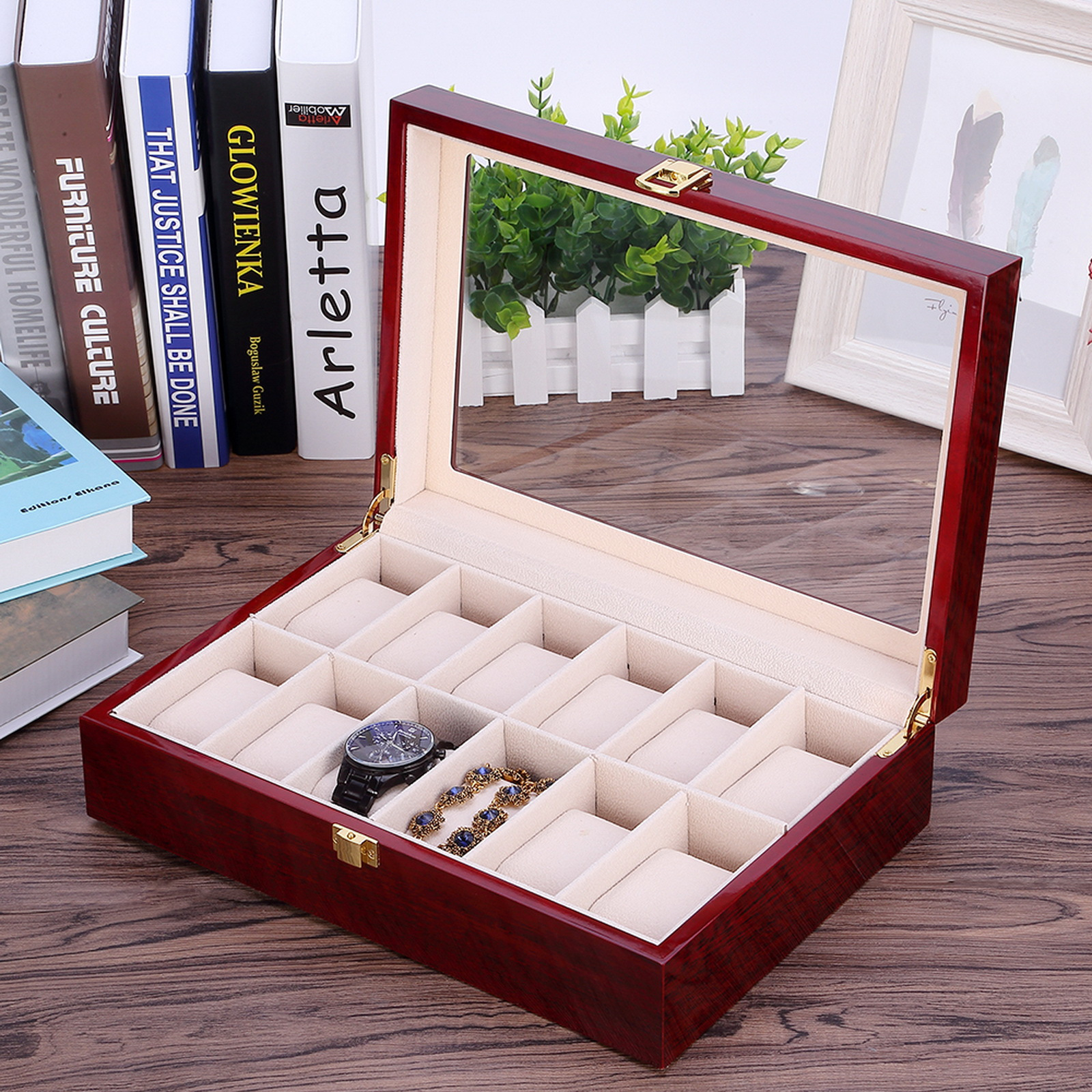 TEMU Uten Watch Box, 12 Slot Wooden Watch Case With Removable Watch Pillow, Metal Clasp Watch Display, Watch Box Organizer For Men And Women