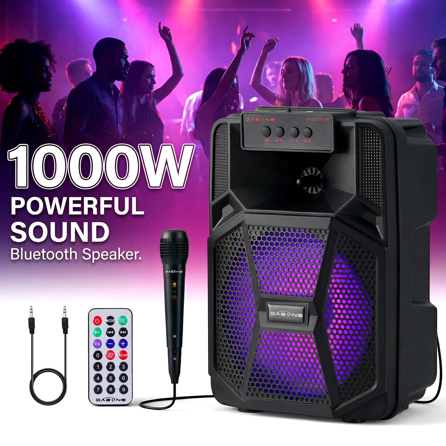 TEMU 1000w 8 Inch Speaker With Microphone, Tws Stereo Pairing & Karaoke Function, Powerful With Tweeter, Bt Connection/tf/usb/fm/aux , Portable For