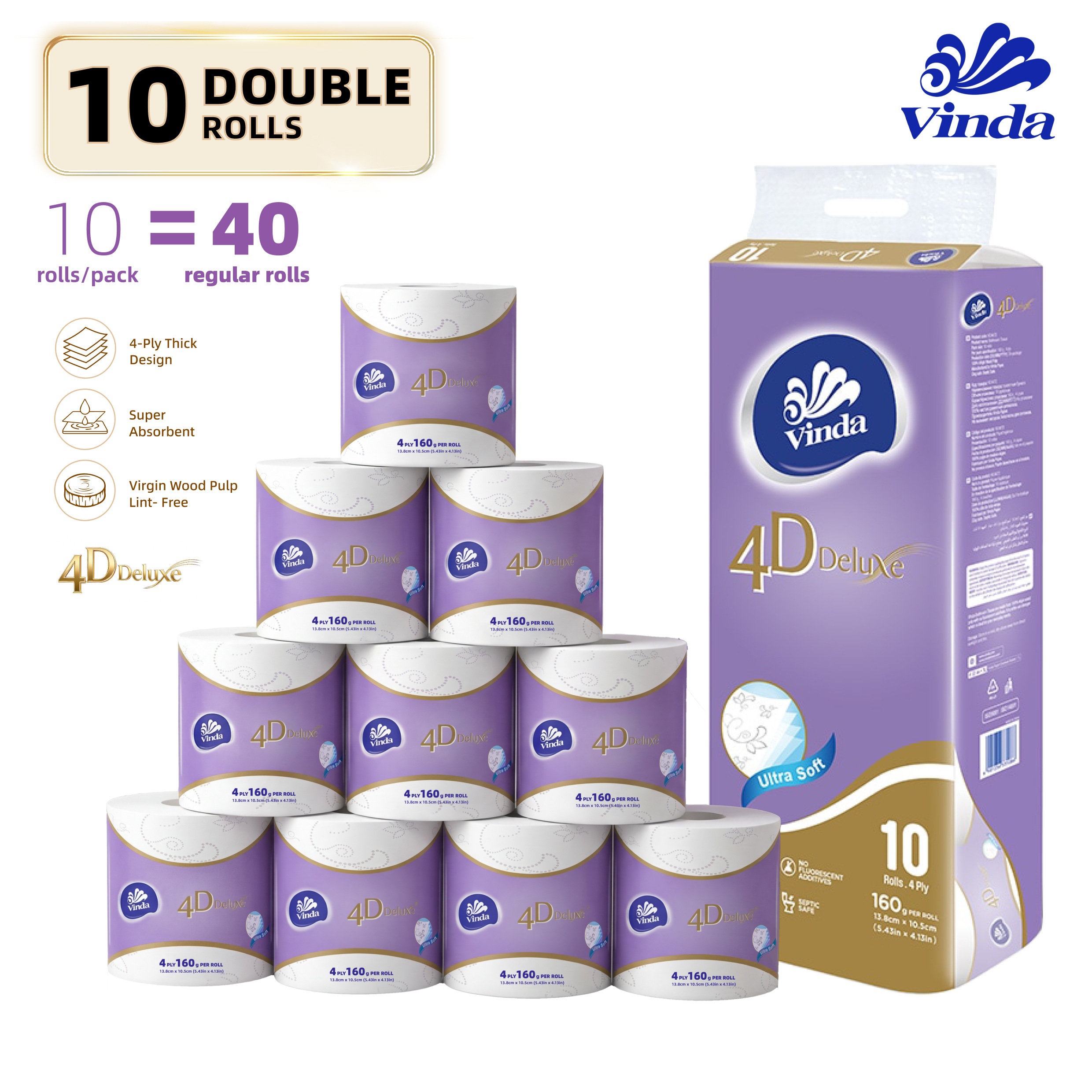 TEMU Vinda 4d Deluxe 4-ply Ultra Soft Toilet Paper, 100% Wood Toilet Paper, , No Lint Shedding, For Home Bathroom, 10