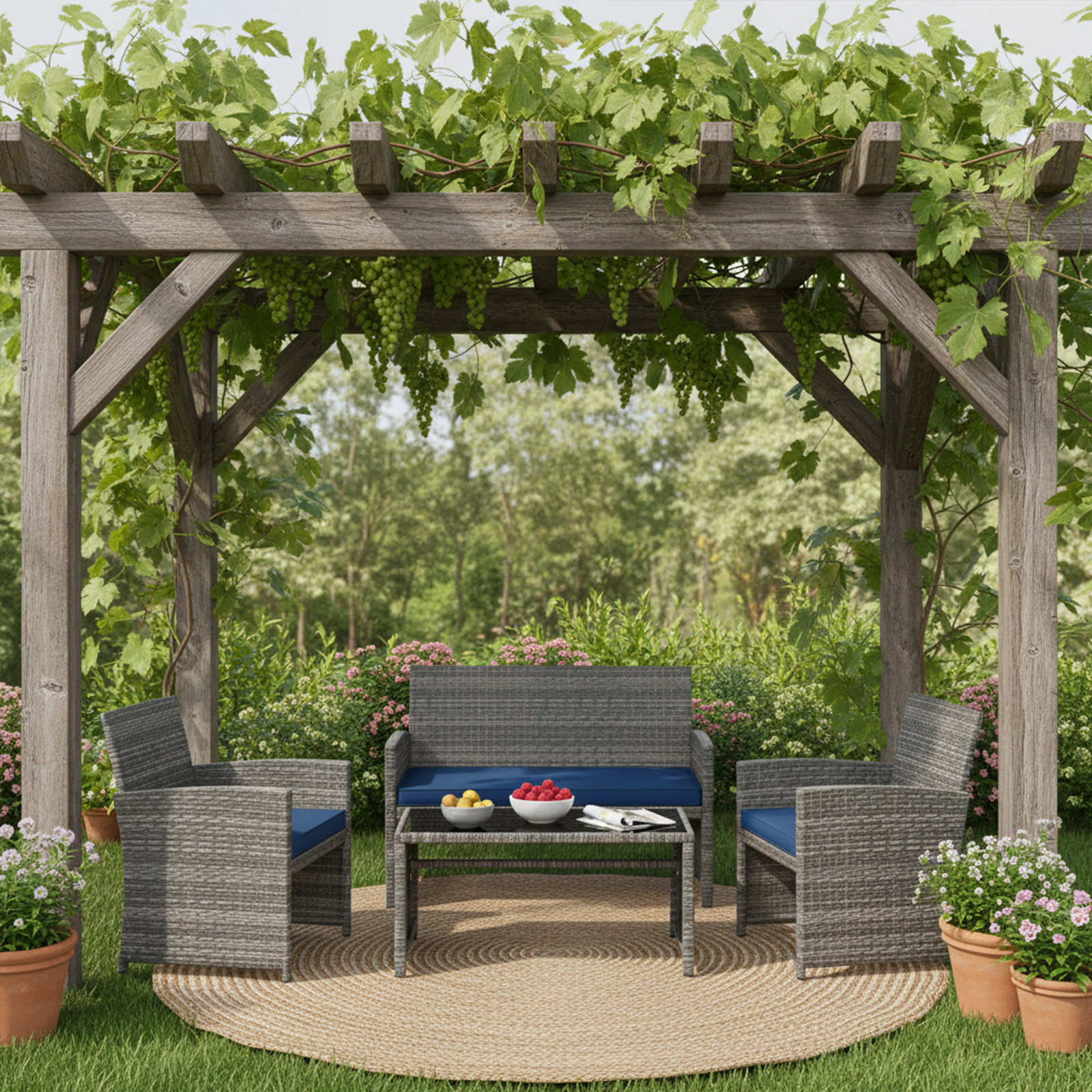   4 piece rattan outdoor patio set wicker conversation furniture with cushioned chairs and tempered glass coffee table for porch balcony garden deck