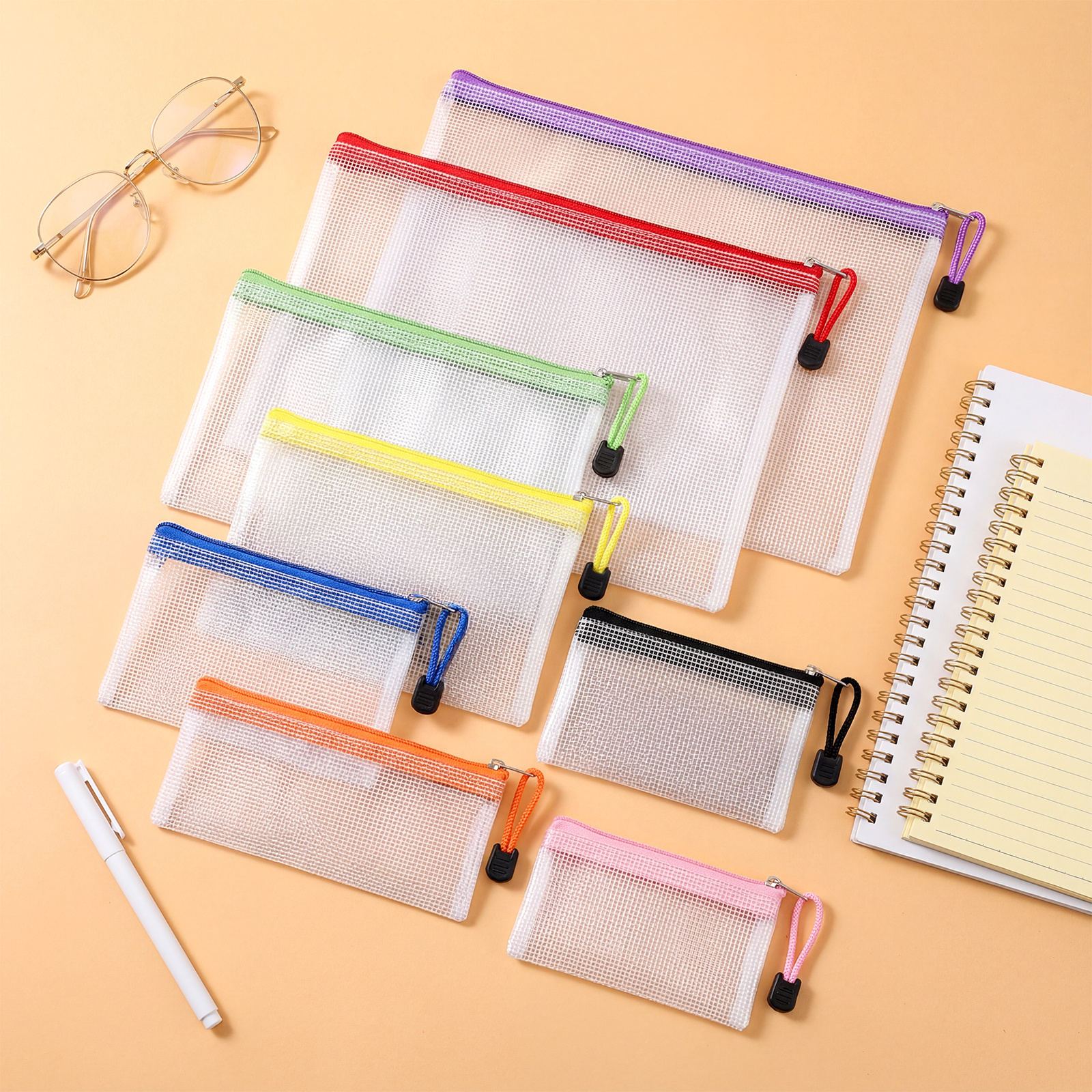 TEMU Whonline 64pcs Mesh Zipper Pouch Bags, 8 Sizes Waterproof Zipper Pouches, Letter Size File Bags, 16 Assorted Colors, For School And Office