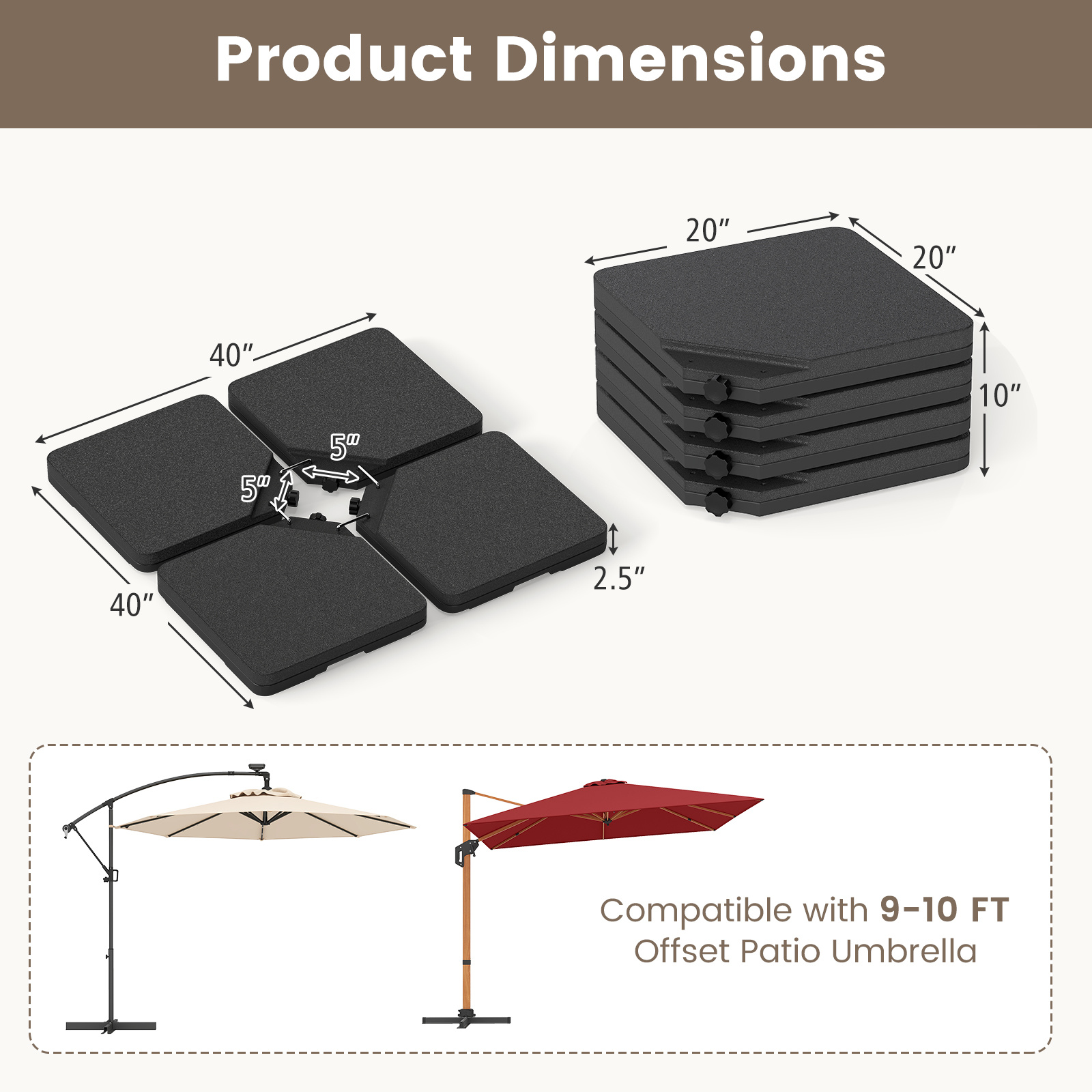 COSTWAY 4-Piece Offset Patio Umbrella Base, 220 lbs Fillable Square Outdoor Plastic Stand with 4 Locking Pins & Easy-Fill Spouts, Heavy-Duty Cantilever Umbrella Base Plate Set