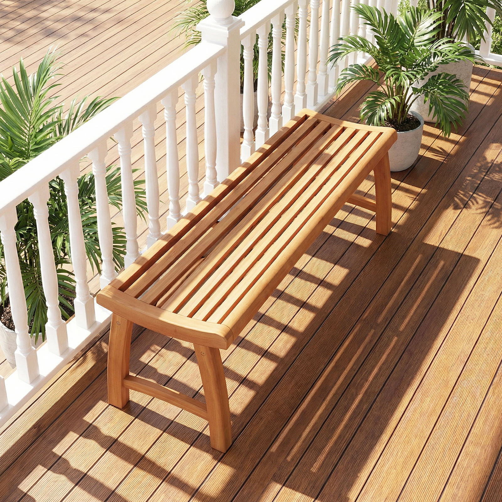 COSTWAY Teak Wood Outdoor Backless Bench, 2-Person Patio Garden Dining Bench with Contoured Slatted Seat, 800 lbs Capacity, Outside Loveseat Seating Furniture for Porch, Balcony, Deck and Yard