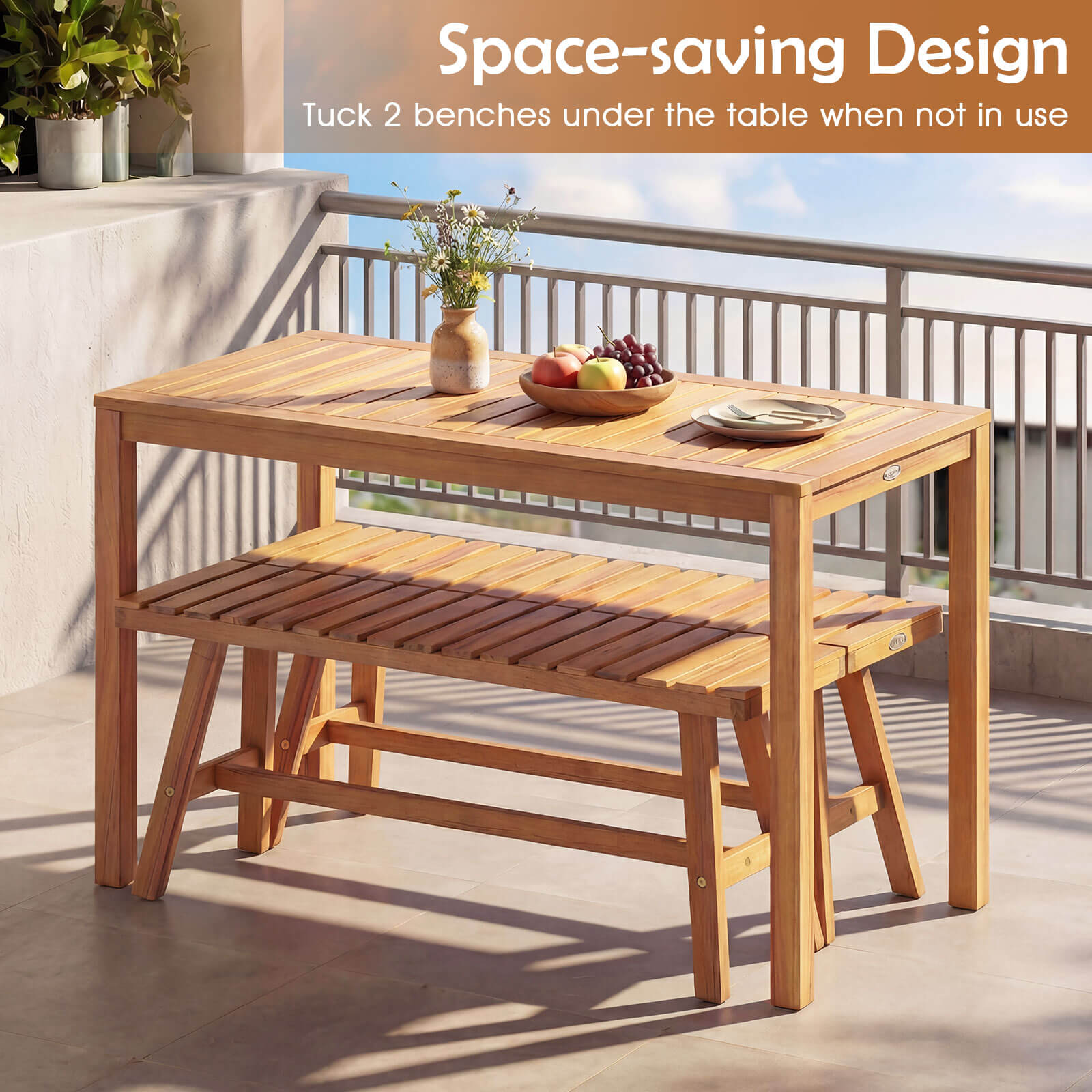 COSTWAY 3PCS Acacia Wood Patio Dining Set w/Slatted Seats for Deck, Lawn and Backyard