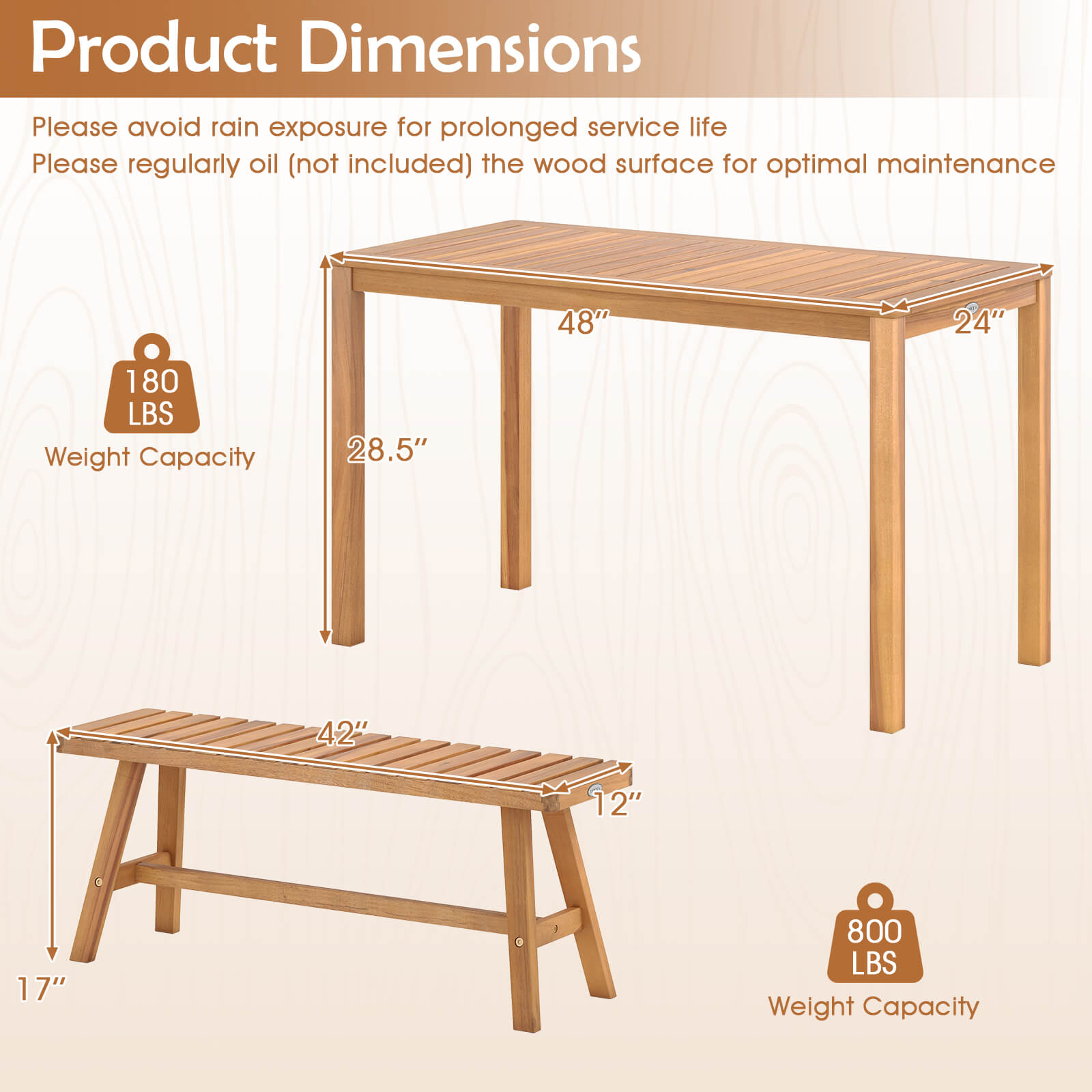 COSTWAY 3PCS Acacia Wood Patio Dining Set w/Slatted Seats for Deck, Lawn and Backyard
