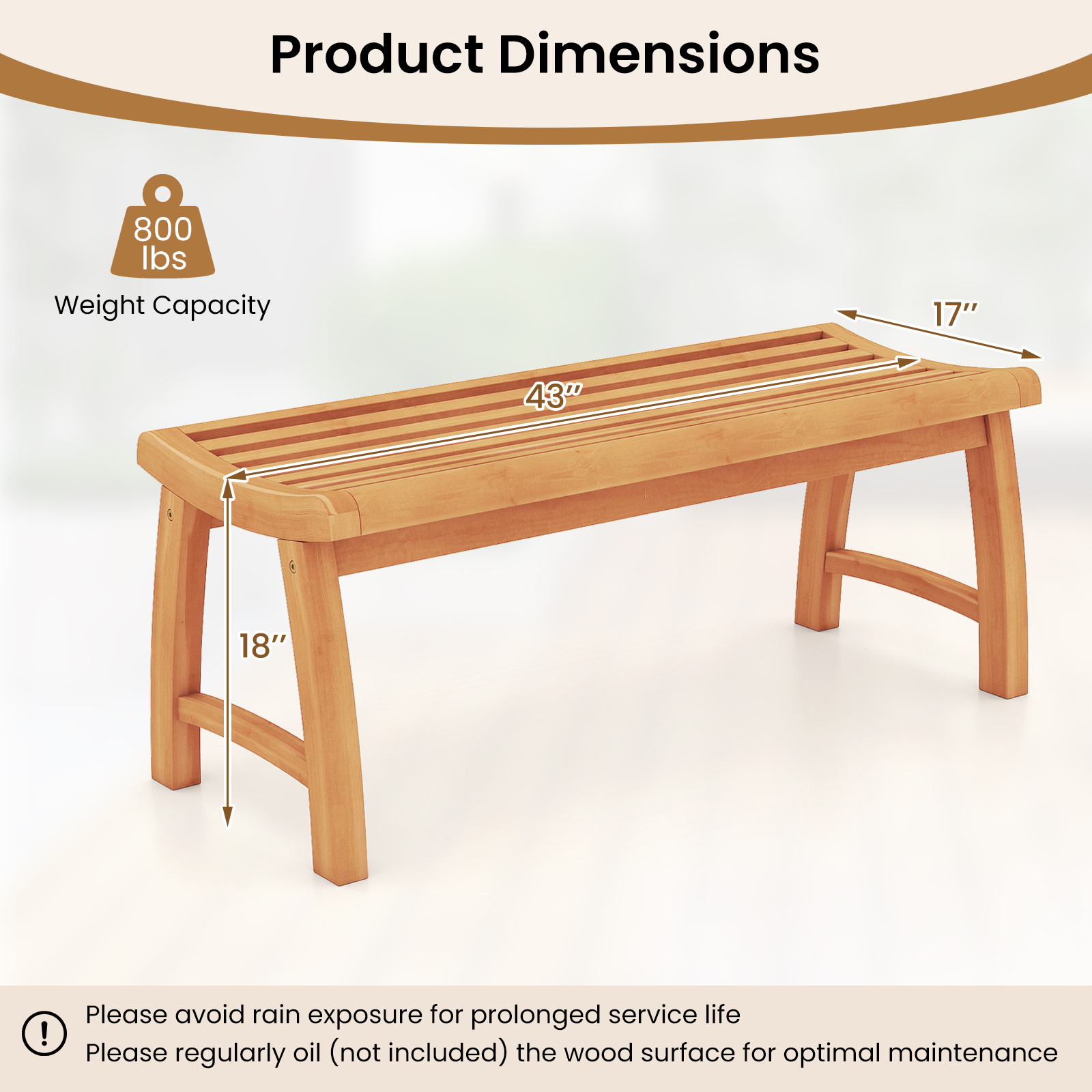 COSTWAY Teak Wood Outdoor Backless Bench, 2-Person Patio Garden Dining Bench with Contoured Slatted Seat, 800 lbs Capacity, Outside Loveseat Seating Furniture for Porch, Balcony, Deck and Yard