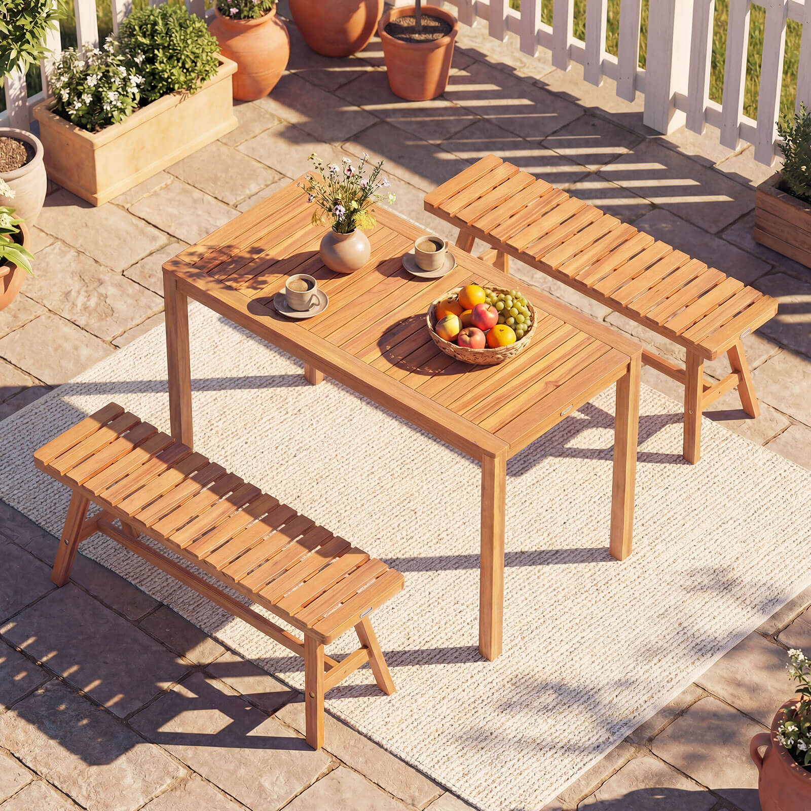 COSTWAY 3PCS Acacia Wood Patio Dining Set w/Slatted Seats for Deck, Lawn and Backyard