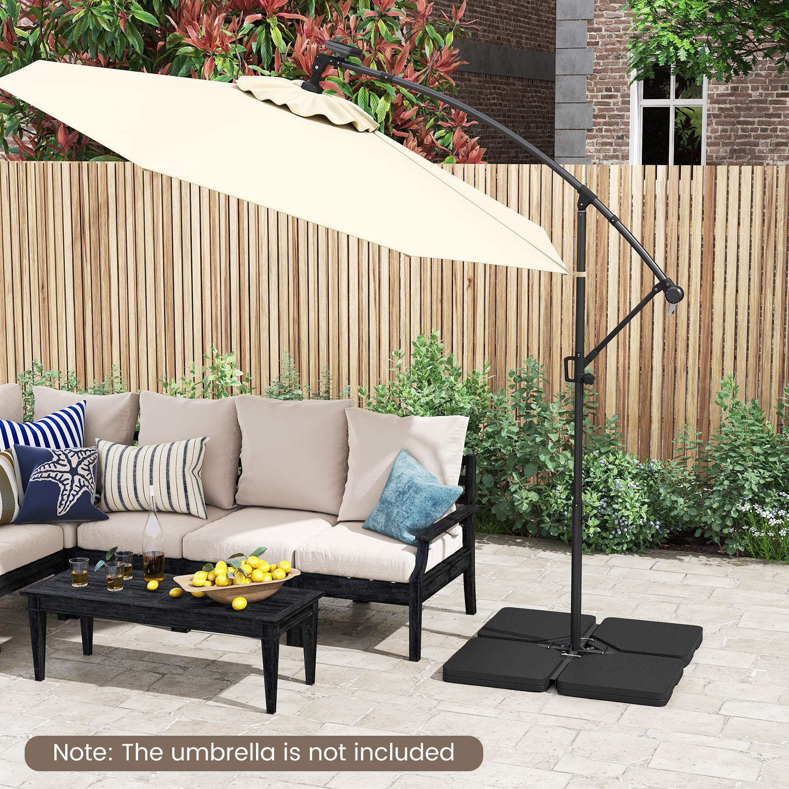 COSTWAY 4-Piece Offset Patio Umbrella Base, 220 lbs Fillable Square Outdoor Plastic Stand with 4 Locking Pins & Easy-Fill Spouts, Heavy-Duty Cantilever Umbrella Base Plate Set