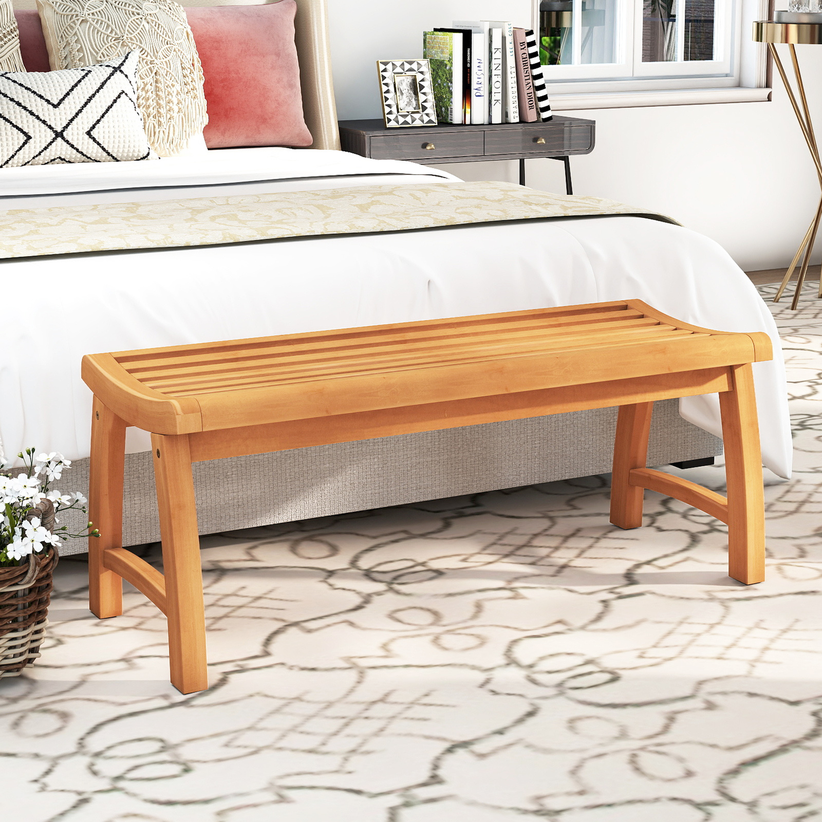 COSTWAY Teak Wood Outdoor Backless Bench, 2-Person Patio Garden Dining Bench with Contoured Slatted Seat, 800 lbs Capacity, Outside Loveseat Seating Furniture for Porch, Balcony, Deck and Yard