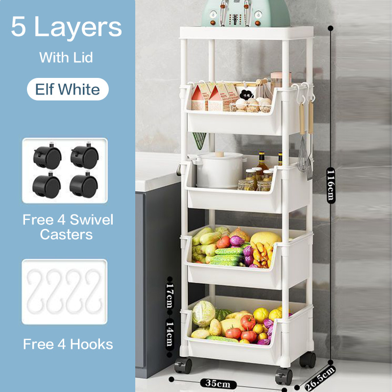 TEMU 1pc 5-tier Slim Plastic Storage Rack, Space-saving Floor-standing Organizer With Hooks, Narrow Open Shelving For Kitchen, Entryway & Small Spaces