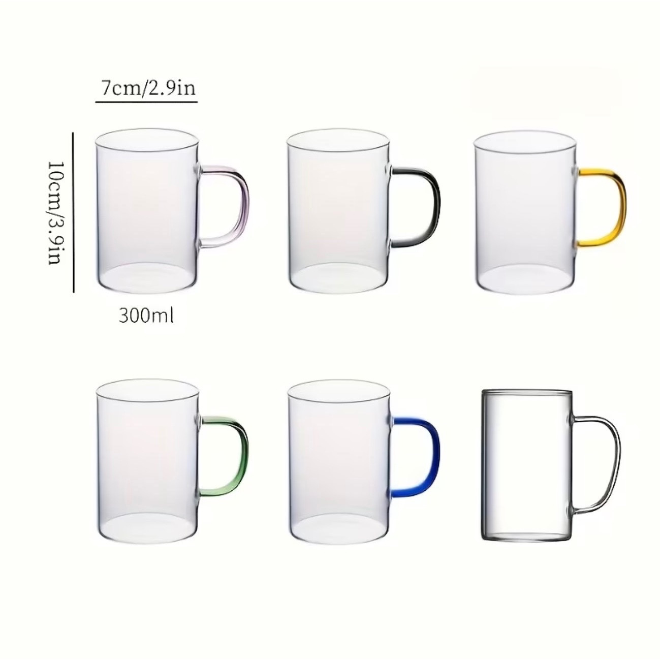 TEMU 6pcs Set Of Colored Handle Glass Cups, 10.14oz, Made Of High Borosilicate Glass, Heat-resistant, Suitable For Juice And Milk, Transparent Tea