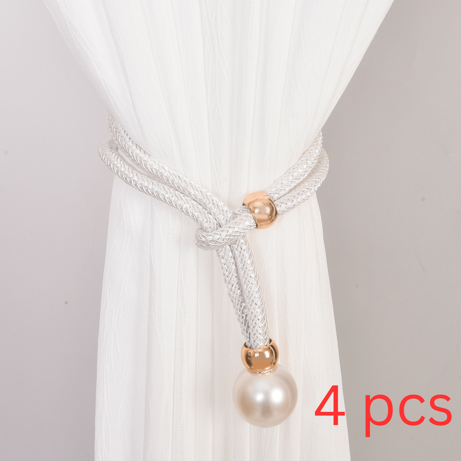 TEMU 4pcs Elegant Pearl Curtain Tiebacks - No Drilling Weave Rope Holders For Decorative Draperies, Windows, And Curtains, Stylish Pearl Design For