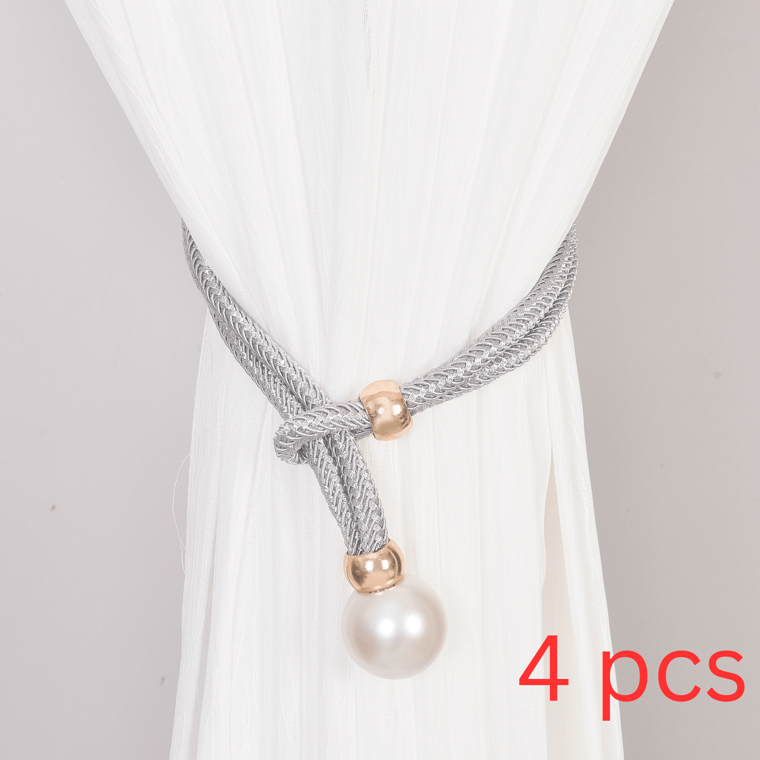 4pcs Gray Elegant Pearl Curtain Tiebacks - No Drilling Weave Rope Holders For Decorative Draperies, Windows, And Curtains, Stylish Pearl Design For D&eacute;cor, Holdbacks, And Straps