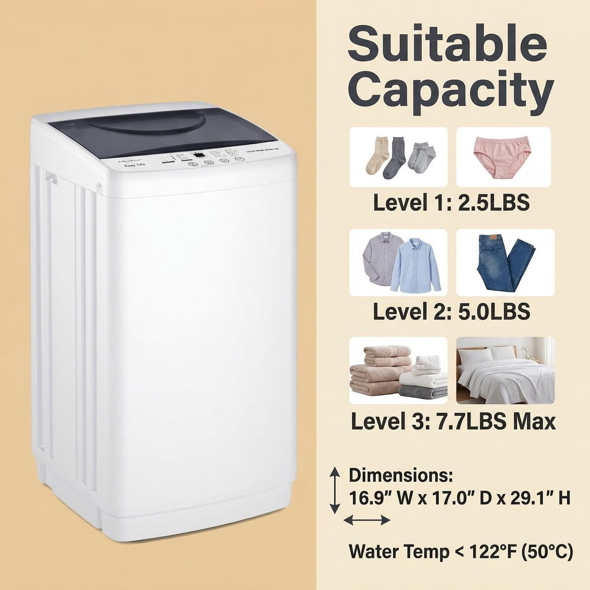 1.06 Cu. Ft. Portable Washing Machine, 7.7 lb. Capacity Compact Washer - 10 Wash Cycles with translucent Lid, Quick Connect Adapter & Drain Hose - Ideal for Apartments, Homes