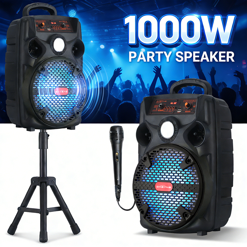 1000w   system with stand wired microphone 8 bluetooth   with 7 color led lights tws technology fm usb tf aux rechargeable for karaoke dj  