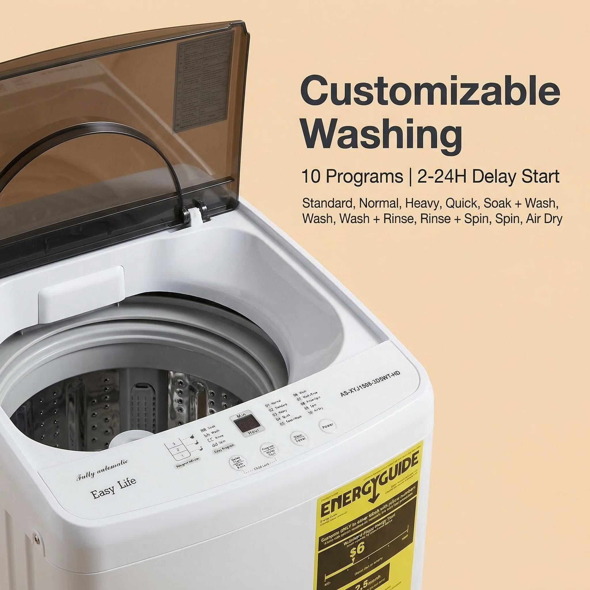 1.06 Cu. Ft. Portable Washing Machine, 7.7 lb. Capacity Compact Washer - 10 Wash Cycles with translucent Lid, Quick Connect Adapter & Drain Hose - Ideal for Apartments, Homes