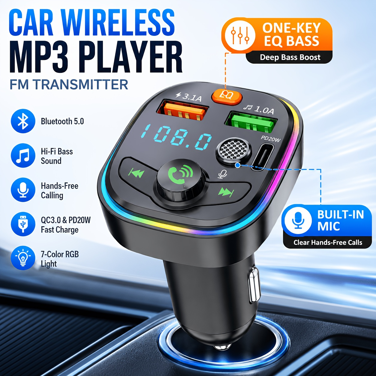 TEMU Advanced Wireless Car Mp3 Player With Fm Transmitter, Dual Usb Type-c Fast Charger, Calling, Led Display, Smart Voltage Detection, One-button