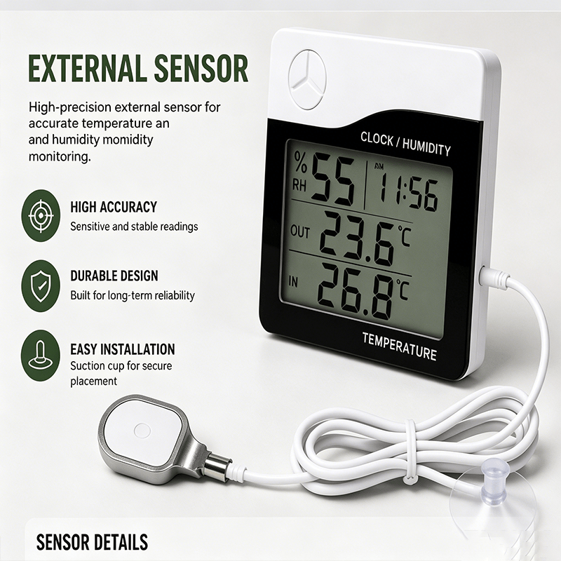 TEMU Digital Indoor Thermometer And Hygrometer With Clock/alarm – Mini Room Temperature And Humidity Monitor