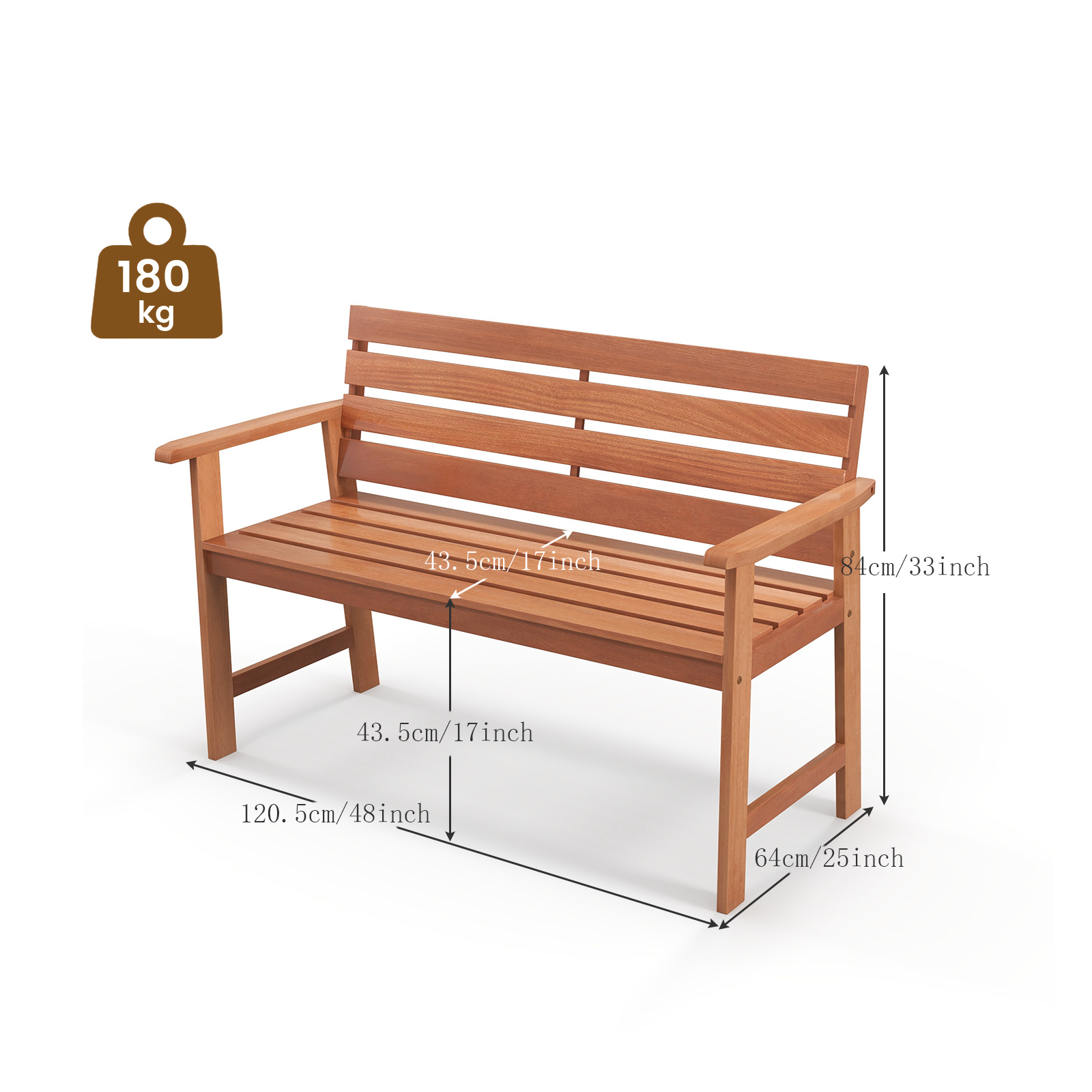 COSTWAY Outdoor Hardwood Loveseat Bench, 2 Persons Wood Patio Chair with Slatted Seat & Angled Backrest, Ergonomic Garden Bench for Porch, Backyard, Balcony