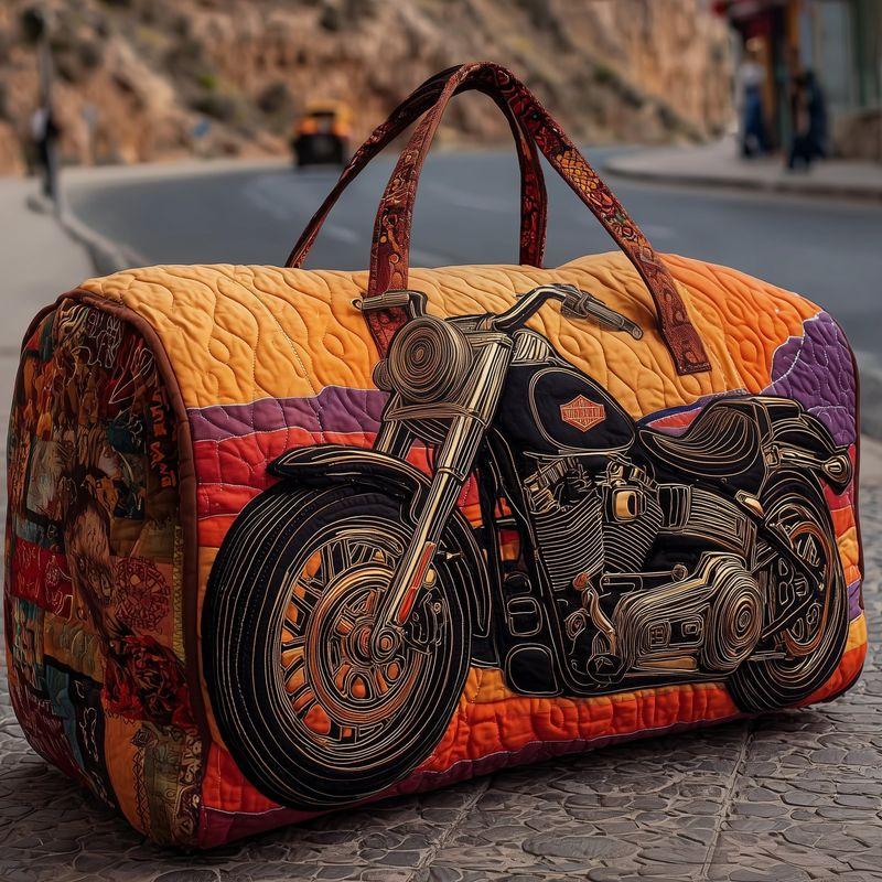 TEMU Men's Motorcycle Quilted Luggage Bag, Oversized Cylindrical Travel Handbag, Retro Cycling Printed Weekend Overnight Bag, Multifunctional Zipper