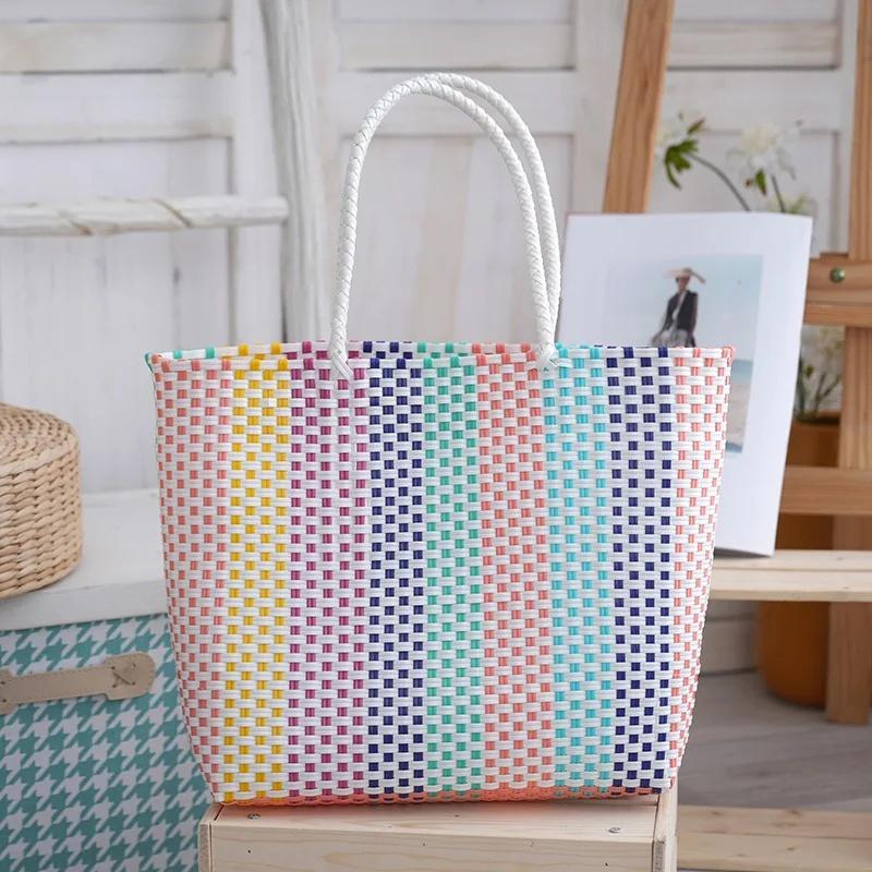 Fashionable Hand Woven Pvc Shopping Bag, Large Capacity Women's Handbag, Trendy Basket Style Open Top Unlined Hard Shell Bag