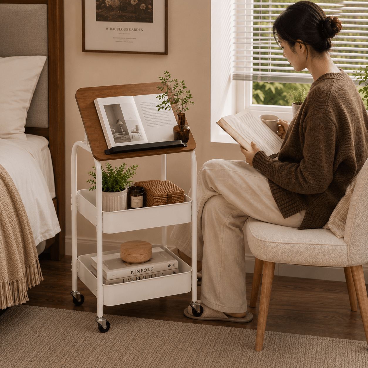 TEMU 1 Pack / 2 Pack Mobile Tilting Side Table With Wheels, Adjustable Angle Bedside Storage Cart, 2-tier Rolling Organizer For Bedroom, Living Room,