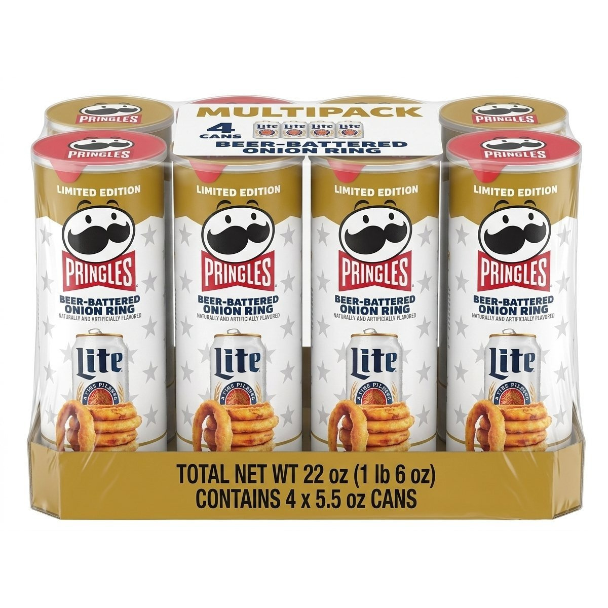 Pringles Beer-Battered Onion Ring Potato Crisps Pack of 4 – Four 5.5 oz Crunchy Snack Canisters with Savory Onion Ring Inspired Flavor
