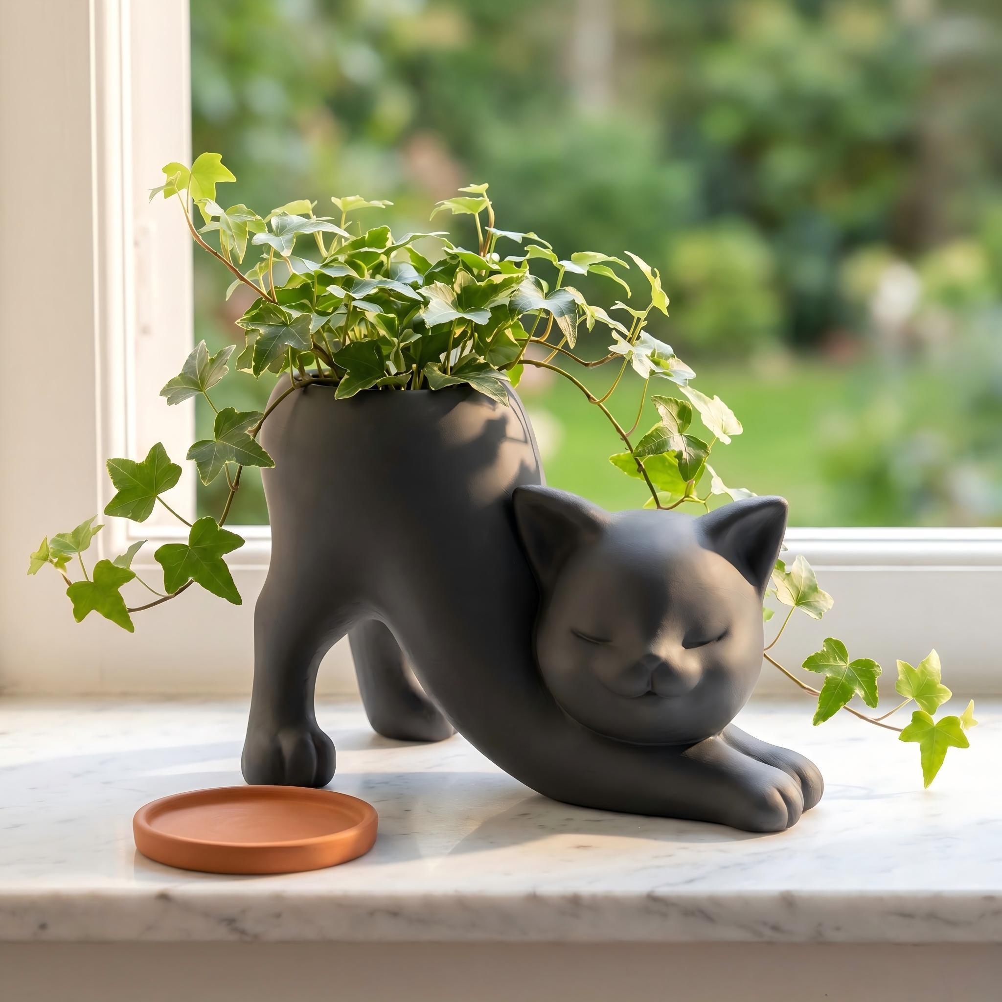 TEMU Unique Cat Little Planter Pot, Cute Kitty Succulent Indoor Flower Pot, Decor Plant Pot Holder, Novelty Bonsai Flowerpot Ideal Gifts, Lovely