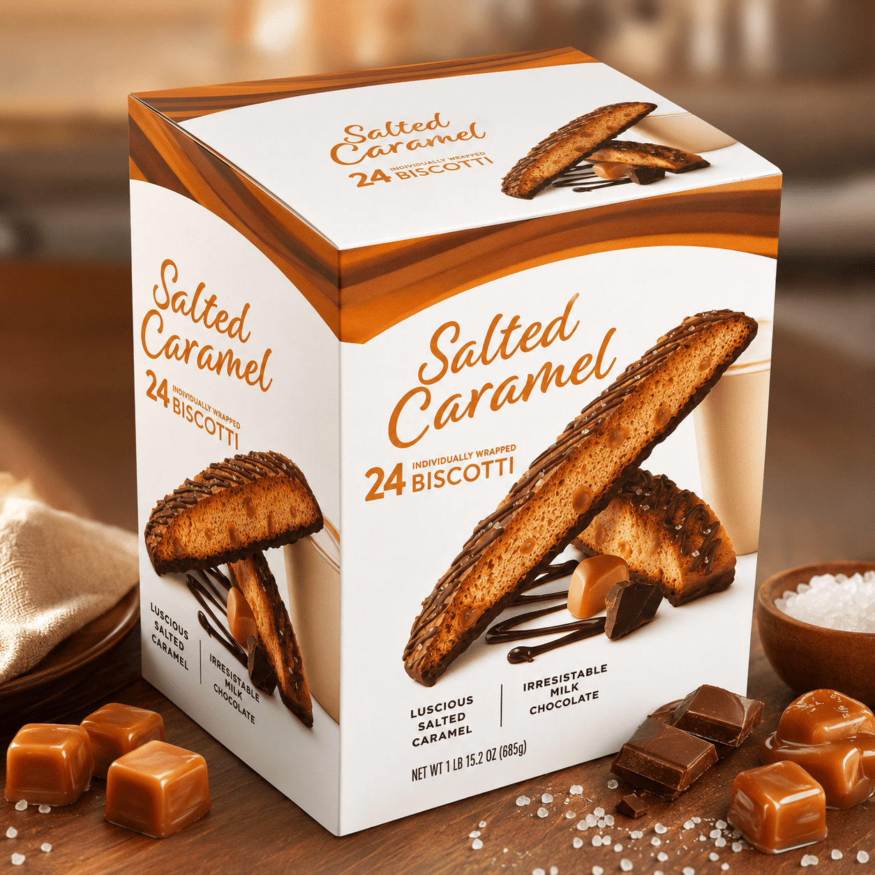 TEMU Premium Value Bundle Salted Caramel Biscotti , Individually Wrapped Italian Biscotti With Real Milk Chocolate Drizzle, Caramel Bits & Sea Salt,