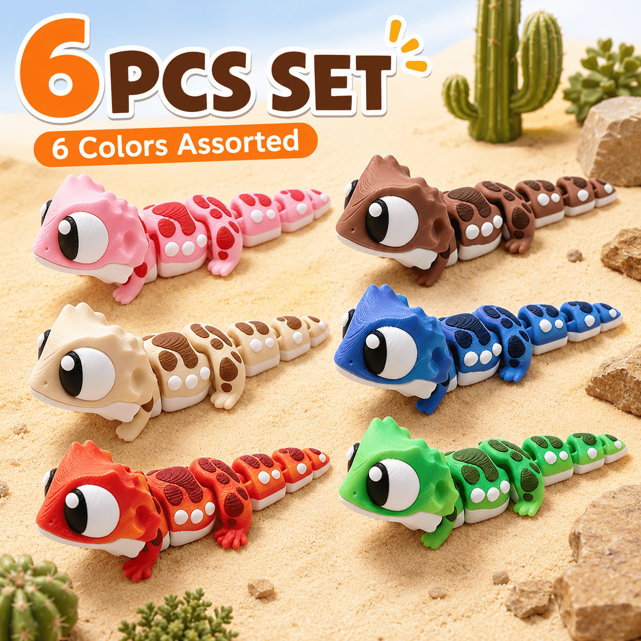 6pcs 3d Printed Lizard Figurine Set, Cute Articulated Reptile Decor, Mini Desert Animal Shelf Accent, Lover Gift, Desk Display Ornament