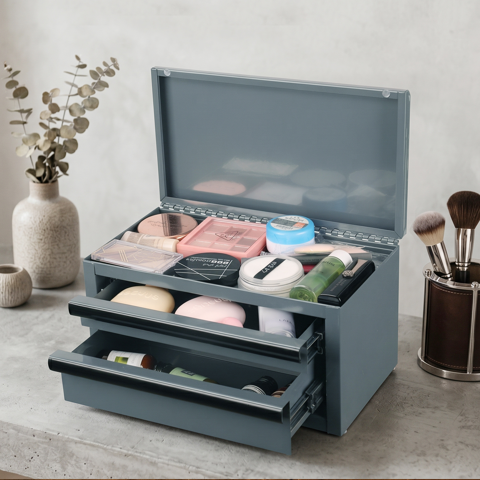 TEMU Portable 2-drawer Steel Mini Toolbox – Durable Desktop Storage Chest With Ball-bearing Drawers, Perfect For Home, Workshop, Classroom, Or Craft