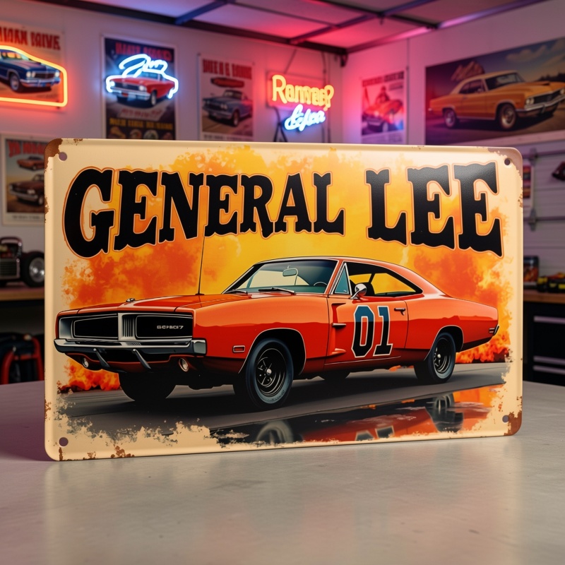 TEMU 1pc, Retro Tin Sign, " Lee" Classic Car Artwork Featuring Flames & An Orange/, Metal Decoration For Living Room, Suitable For Man Cave, Garage,