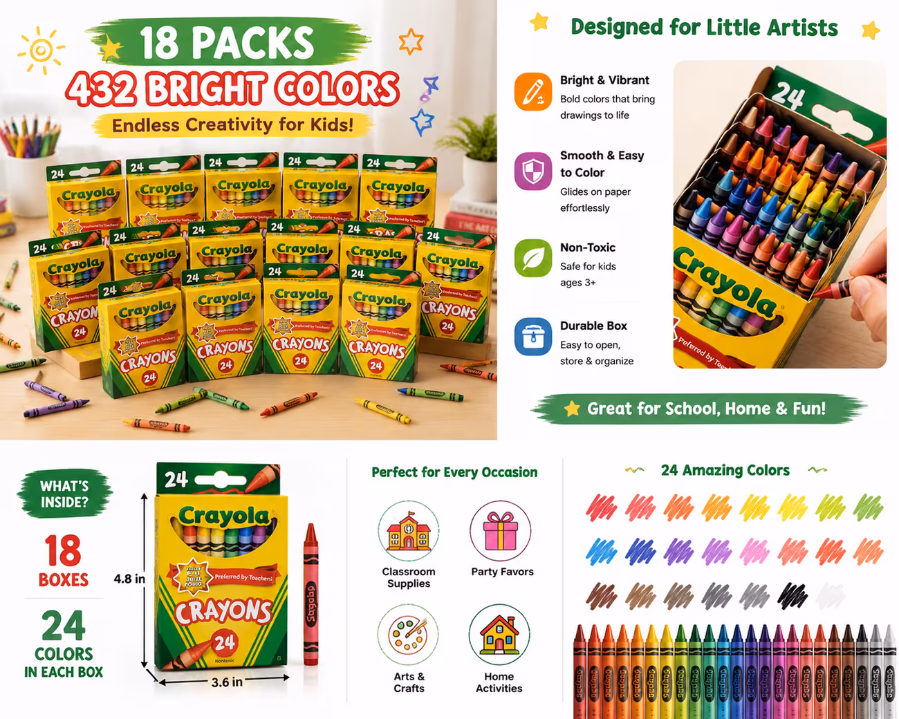 pack of 18 crayon boxes 24 colors each box bulk coloring supplies for kids classroom art supplies non toxic crayons for school home crafts Product details 1