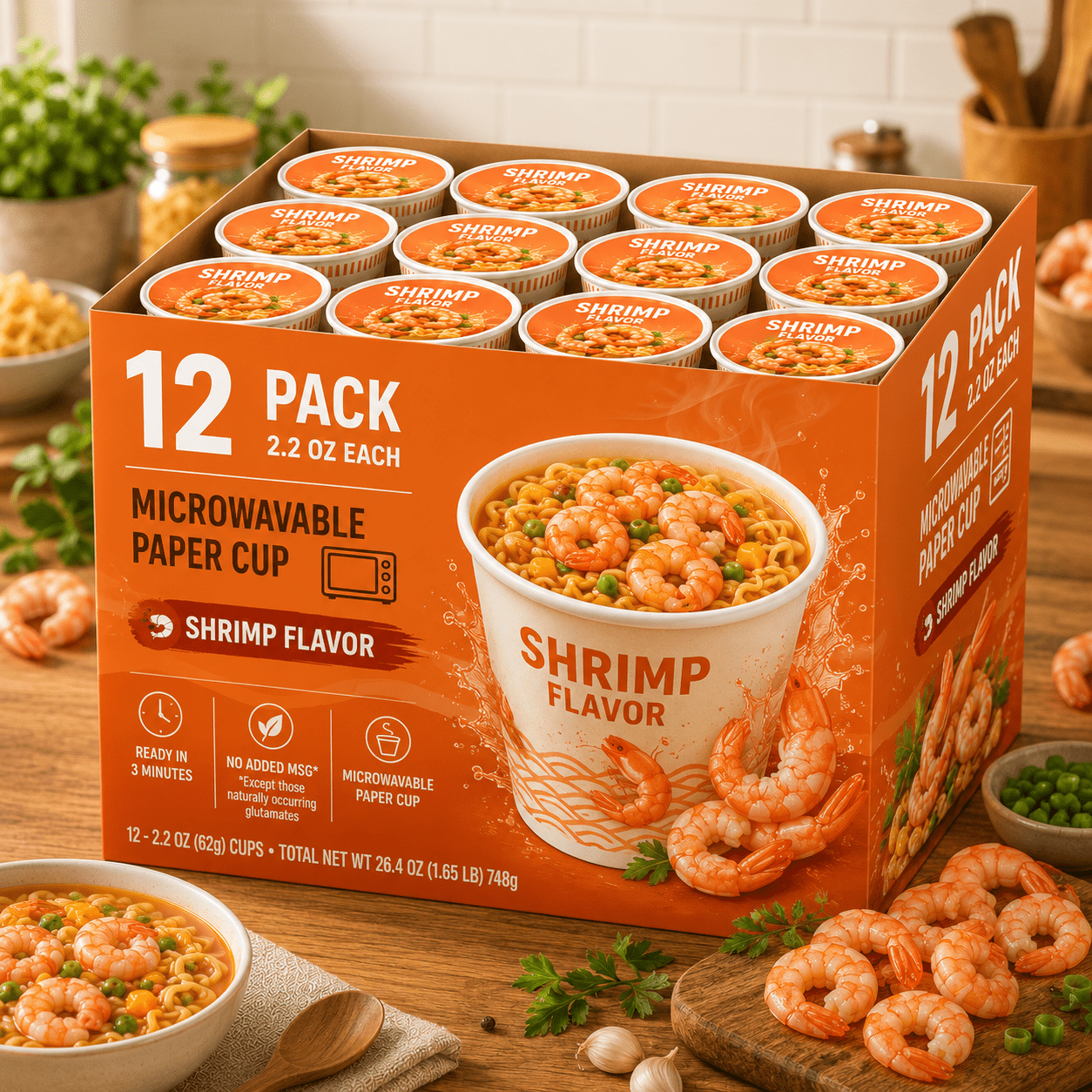 TEMU Pack Of 12- Premium Packaging Bulk Saver Pack Cup Noodles Shrimp Flavor, Authentic Savory Shrimp Instant Noodle Cups, 2.22 Oz Family Size,